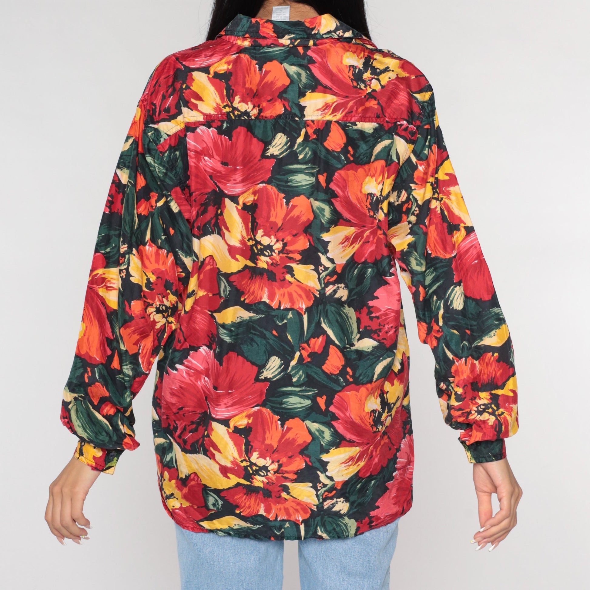 90s Silk Floral Button-Up Blouse Long Sleeve Poppy Print Red Medium M