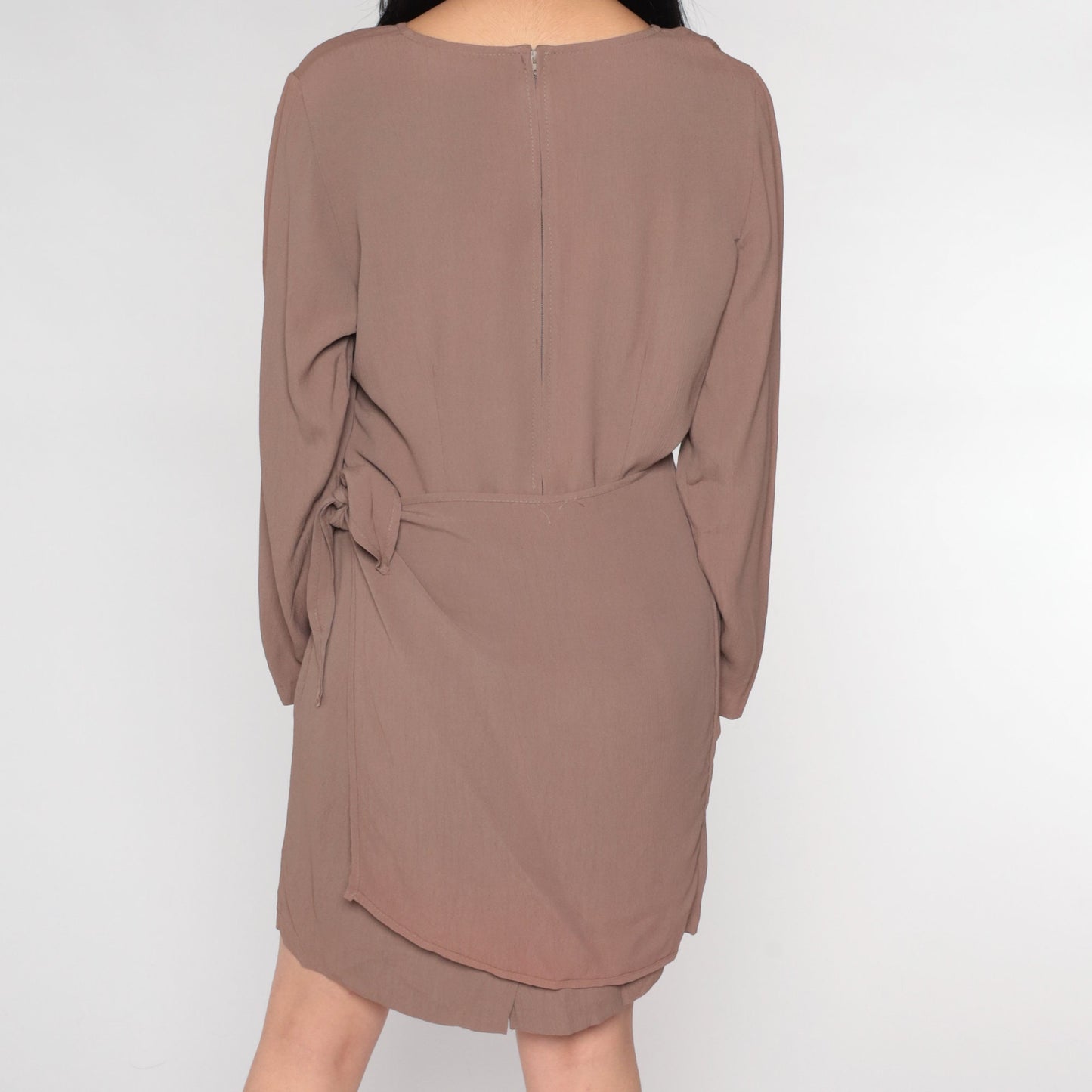 90s Brown Wrap Dress Long Sleeve Mini Shift Dress Medium