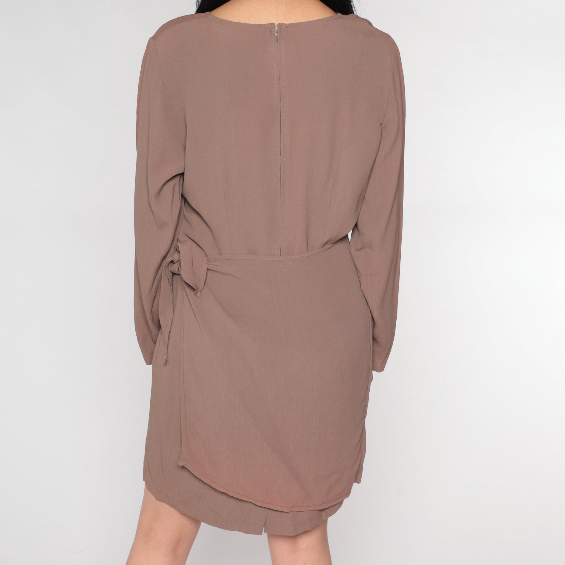 90s Brown Wrap Dress Long Sleeve Mini Shift Dress Medium
