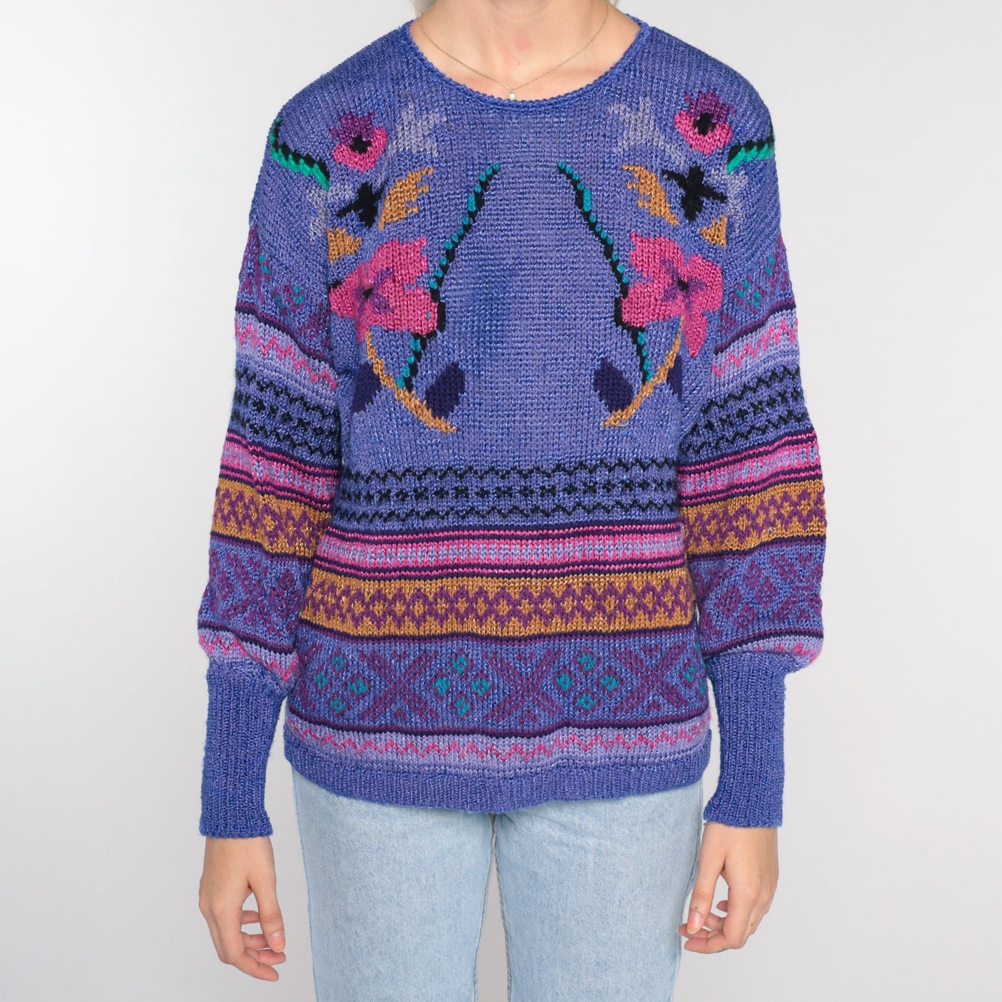 80s Purple Floral Geometric Knit Sweater Pullover Medium