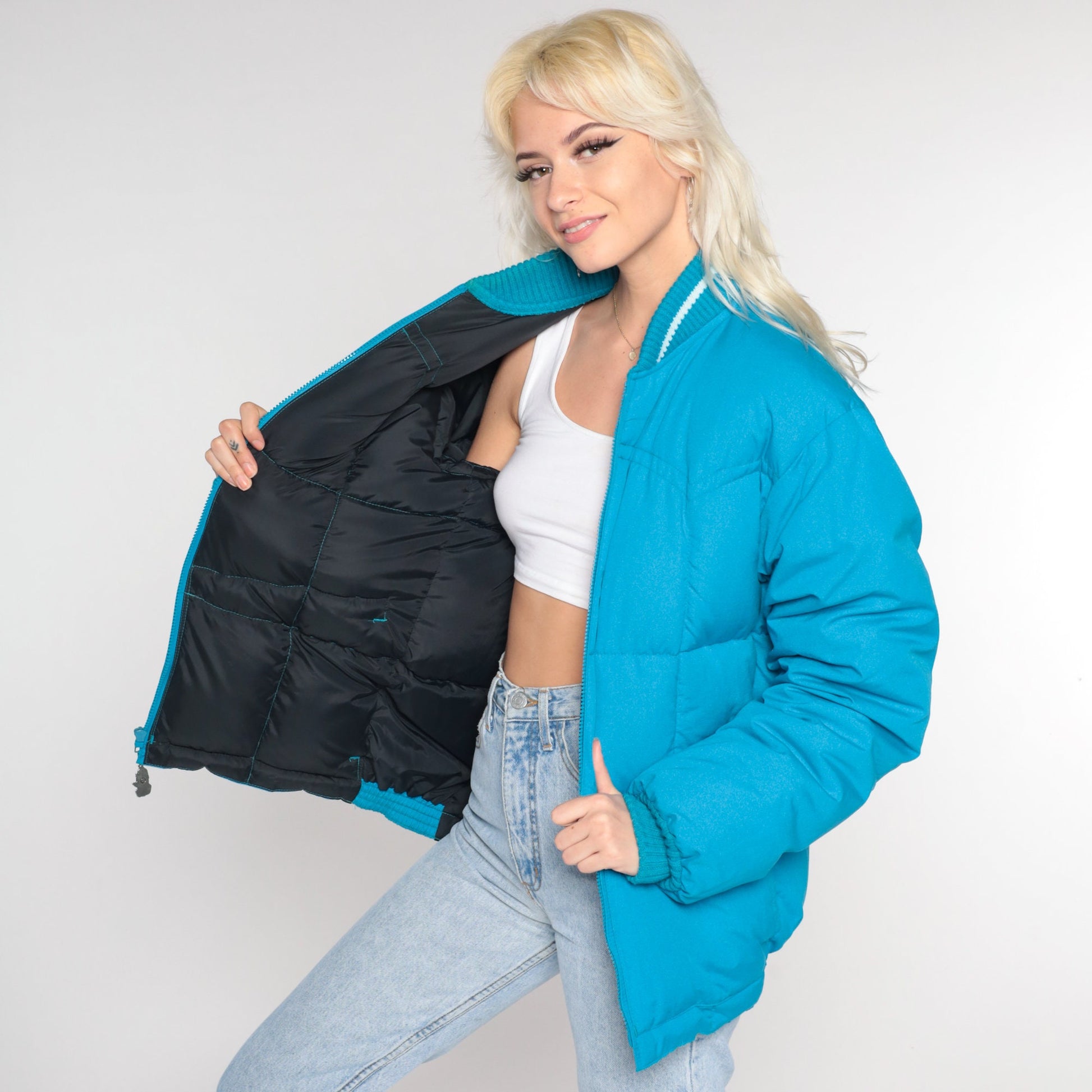 80s Blue Puffer Ski Jacket Nylon Down Fill Zip Front Medium