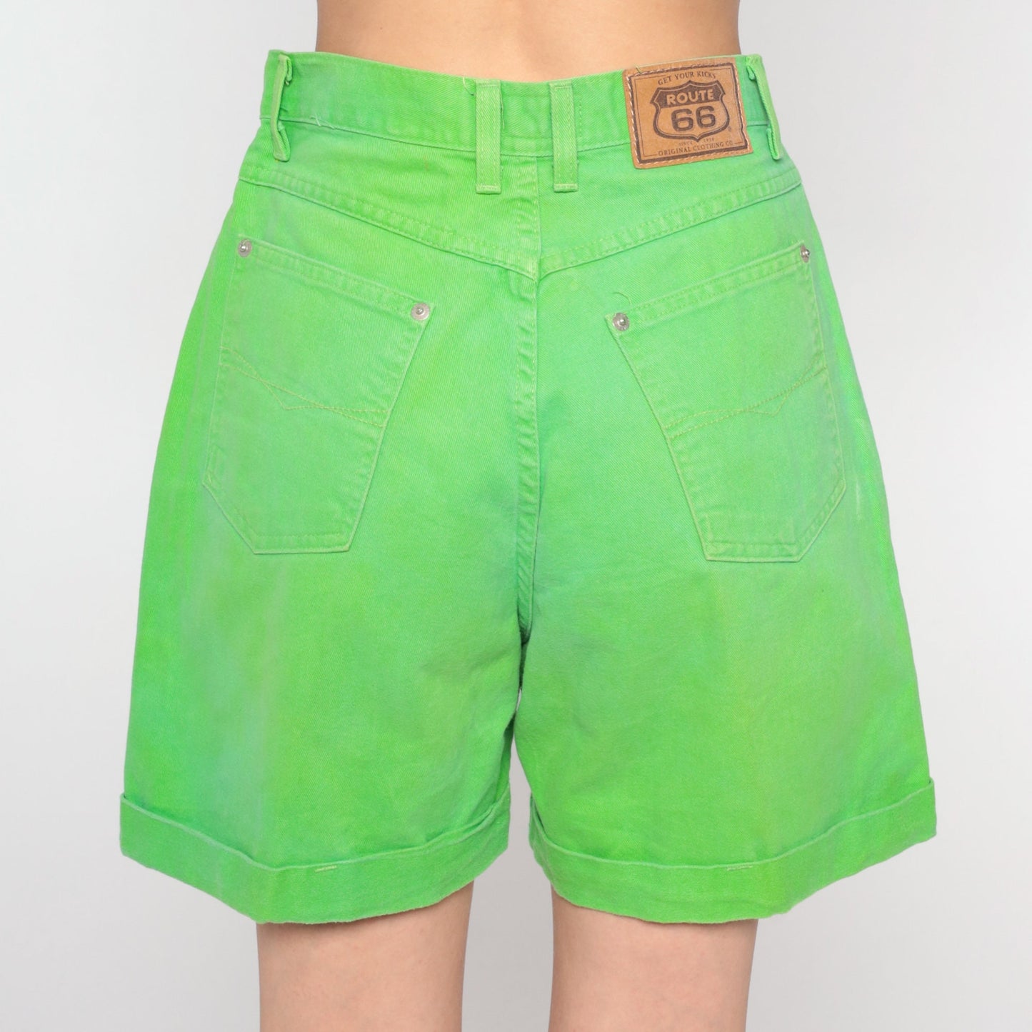 Y2K Lime Green High-Waisted Denim Shorts Route 66 Cotton Small
