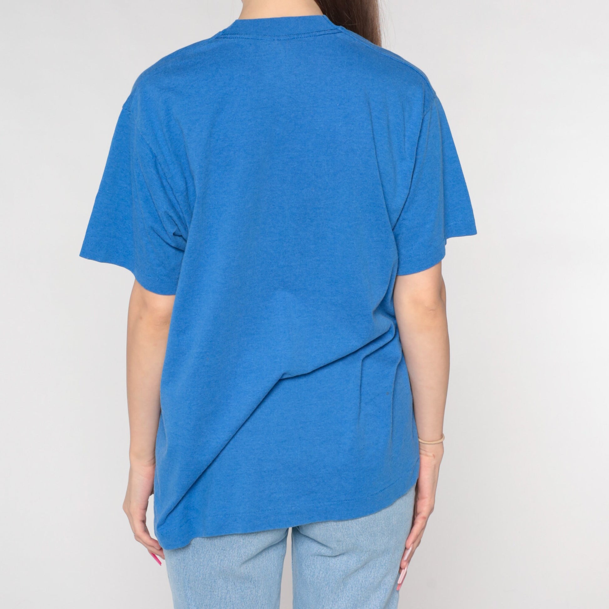 90s Blue Pocket T-Shirt Distressed Bleach Marks Cotton Large