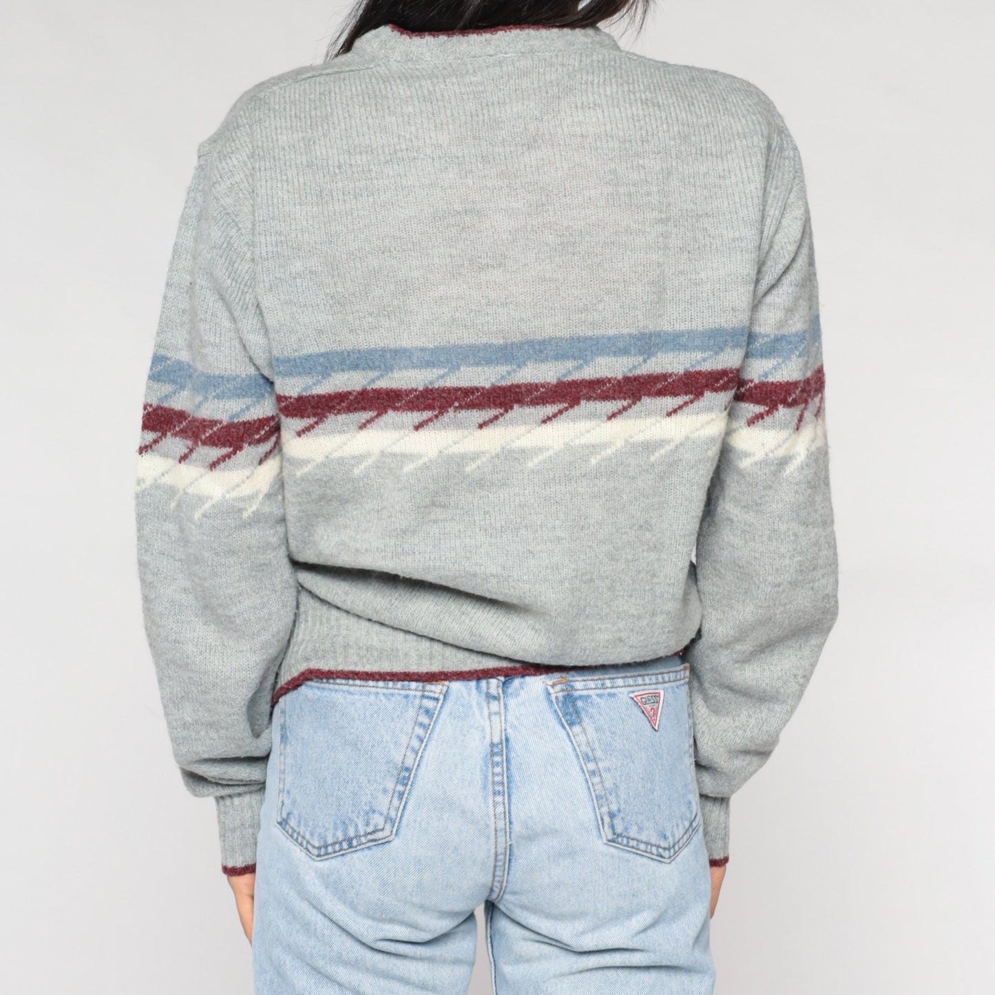 70s Saturdays In California V-Neck Striped Knit Sweater Grey Burgundy Medium
