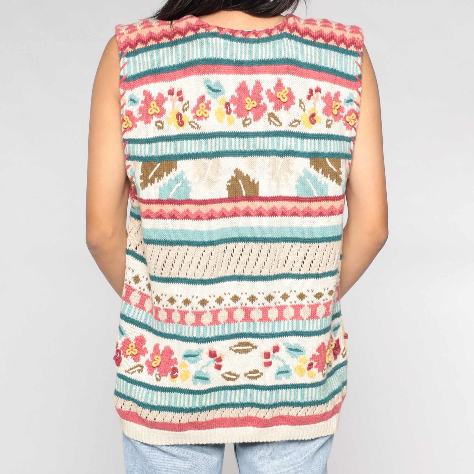 90s Striped Floral Sweater Vest Button-Up Knit White Pink Blue Large L