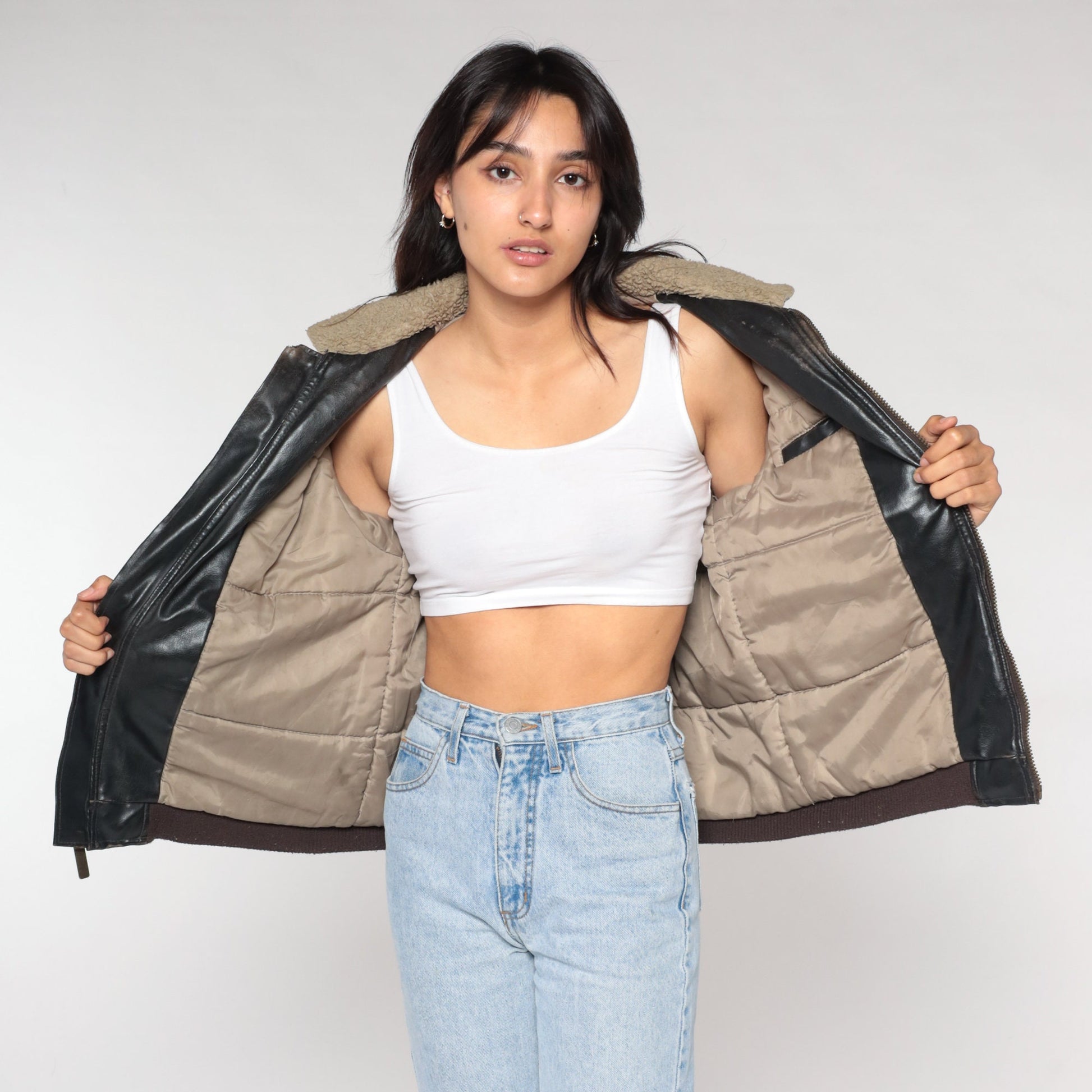 Y2K Pacific Trail Faux Leather Sherpa Aviator Jacket Dark Brown Small
