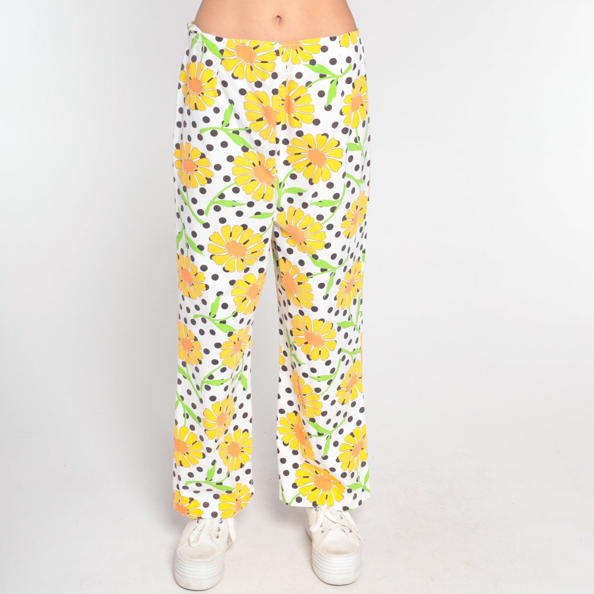 70s White Floral Straight Leg Pants High Waisted Cotton Medium