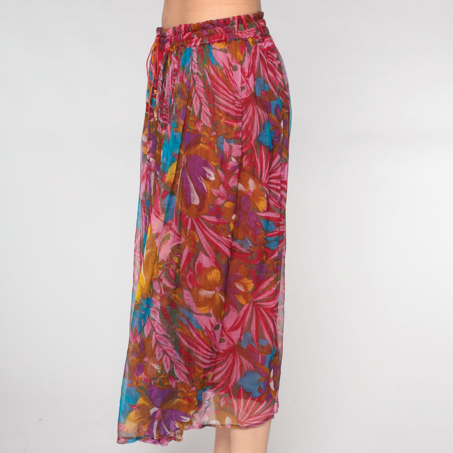 90s Red Floral Broomstick Midi Skirt Drawstring Waist Medium M