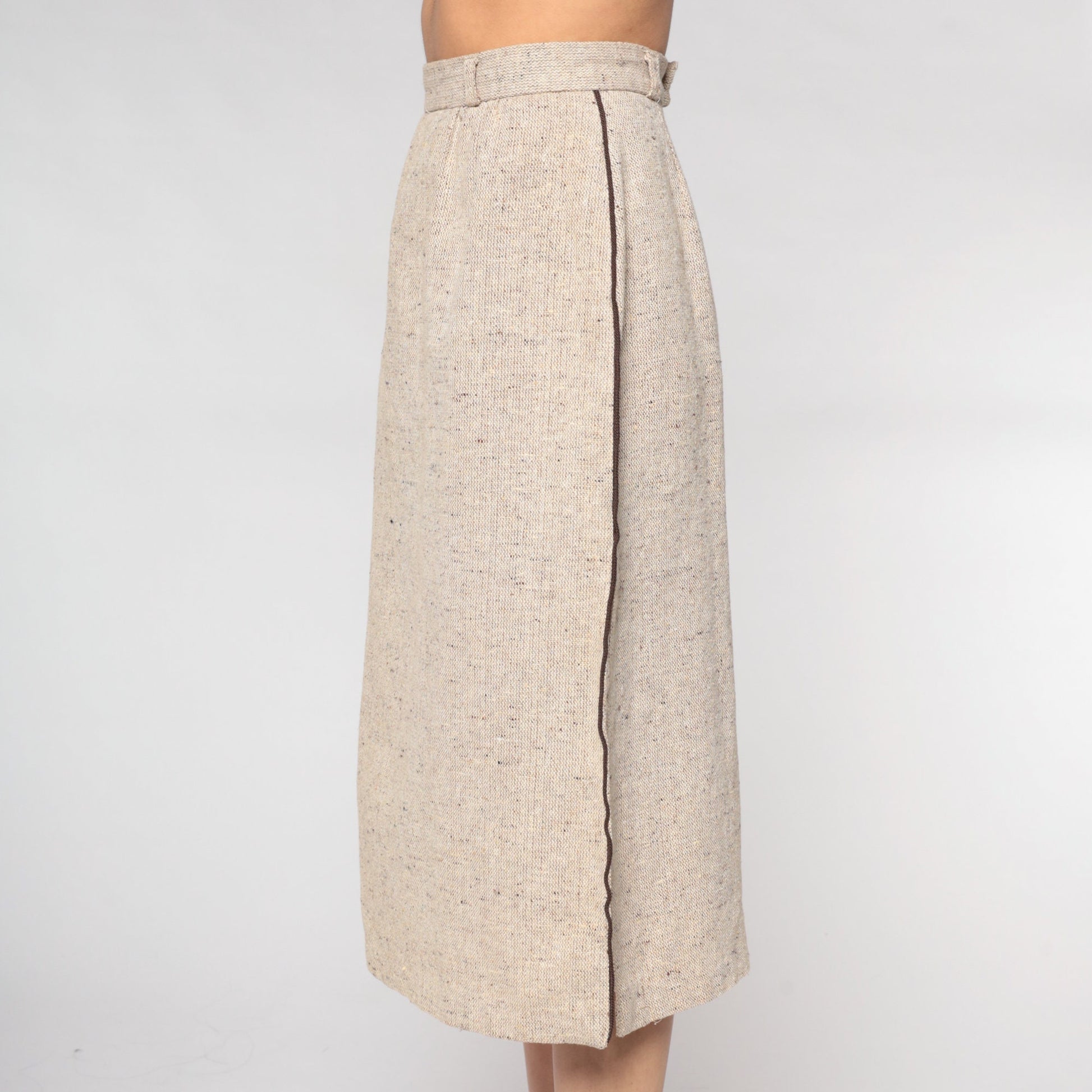 70s Tan Pencil Midi Skirt High Waist Side Slit Woven Extra Small