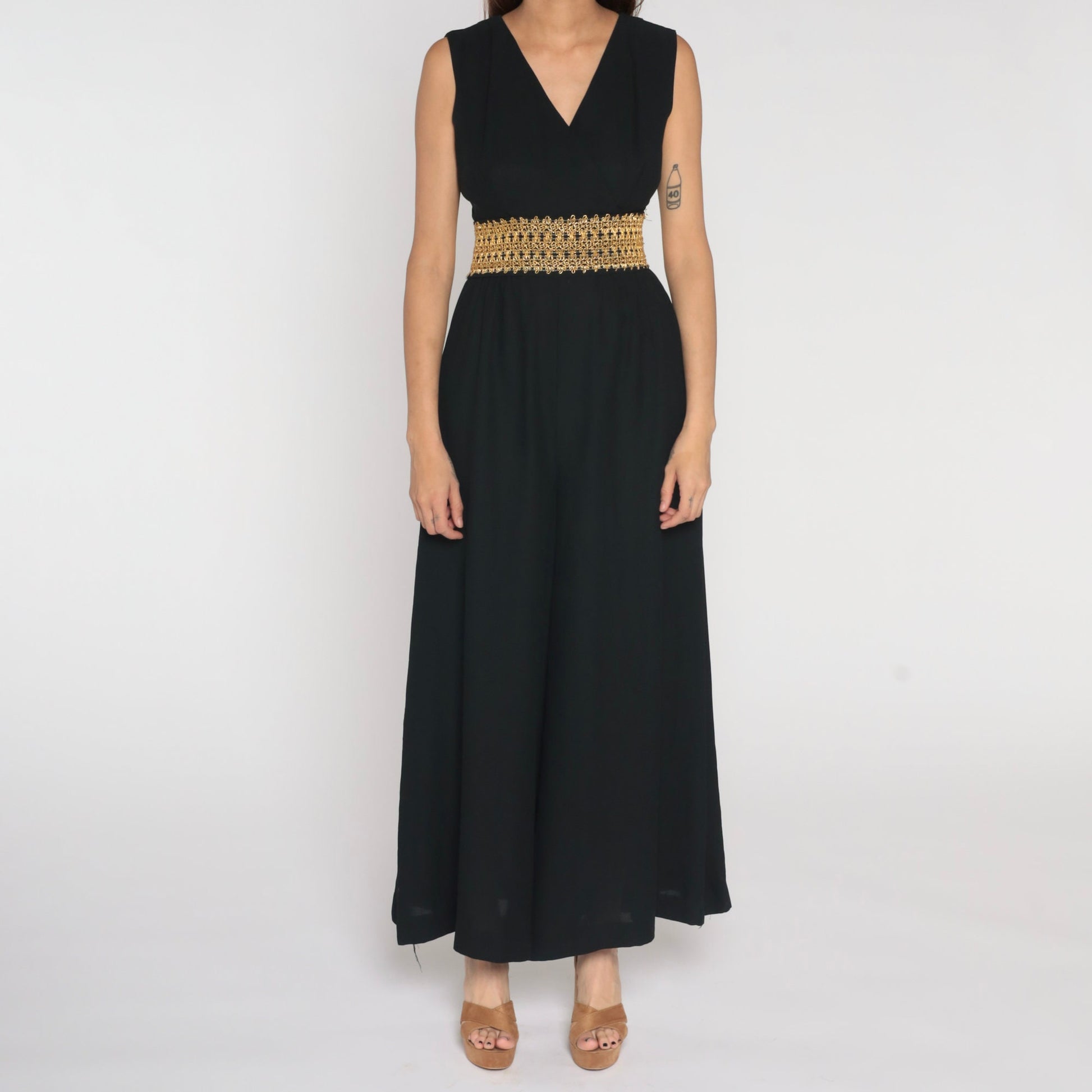 70s Black Jumpsuit Wide Leg Deep V Metallic Trim Sleeveless Small