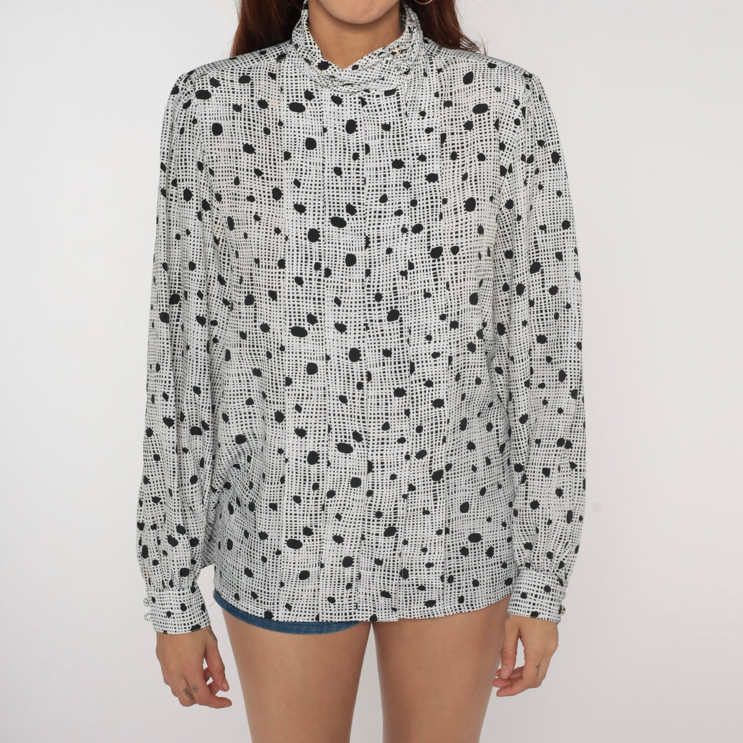 80s Black White Polka Dot Mock Neck Blouse Pleated Long Sleeve Large