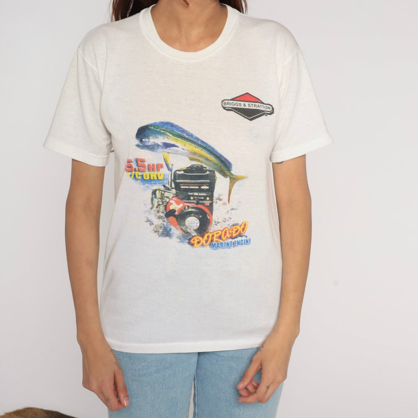 90s Briggs & Stratton Dorado Engine Graphic T-Shirt White Single Stitch Small