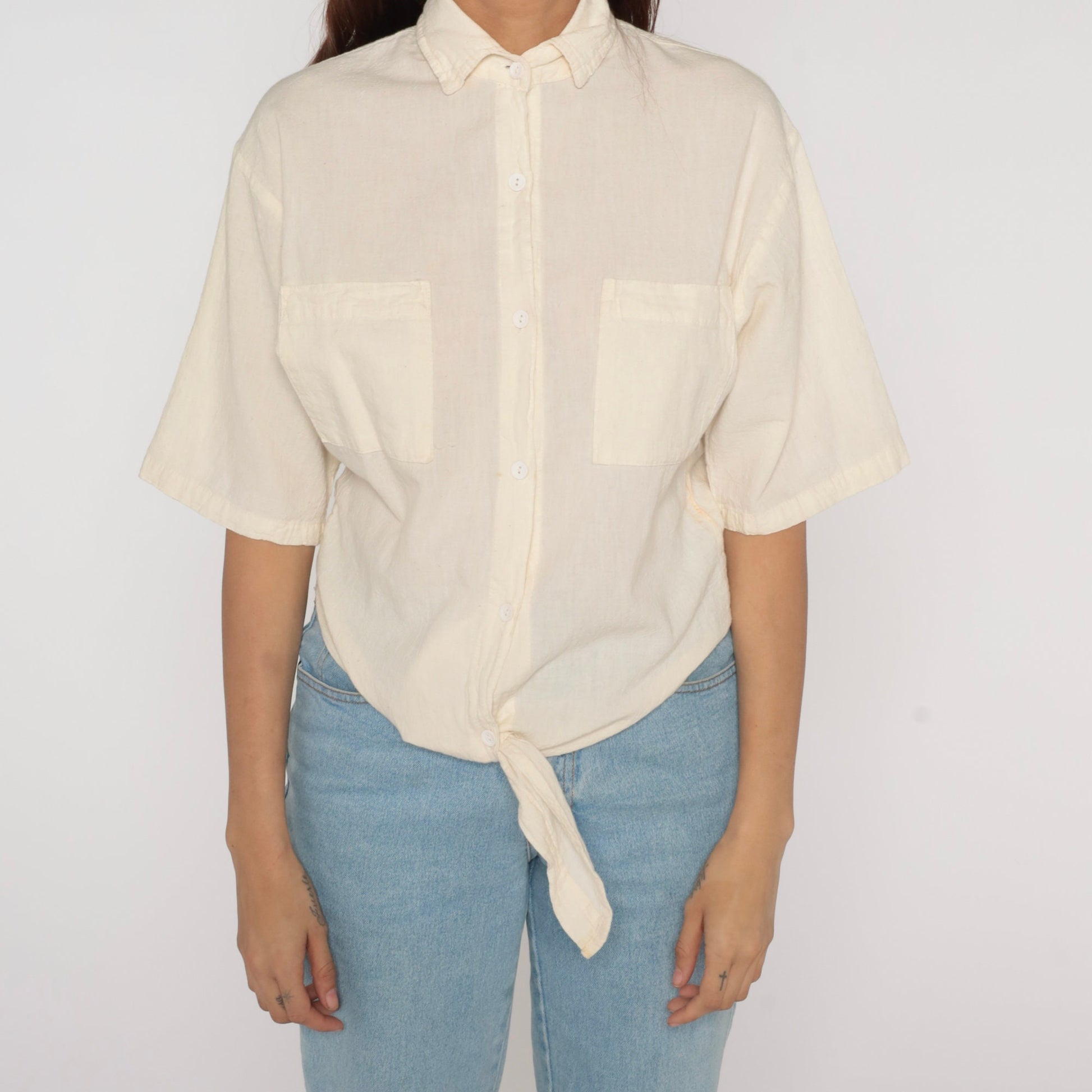 90s Tie Front Blouse Cream Cotton Button Up Short Sleeve Small