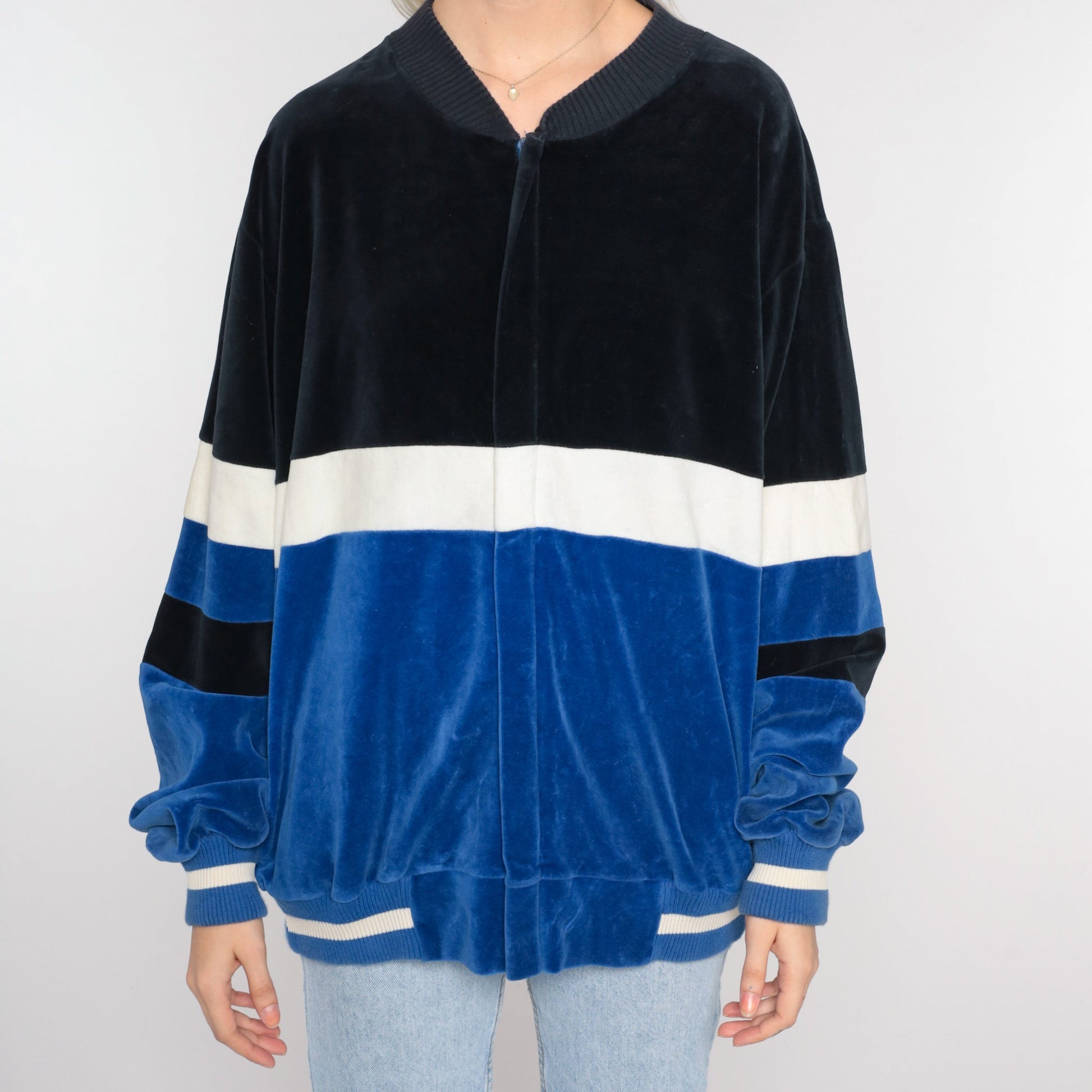 80s Velour Track Jacket Blue Black Color Block Zip Up Large