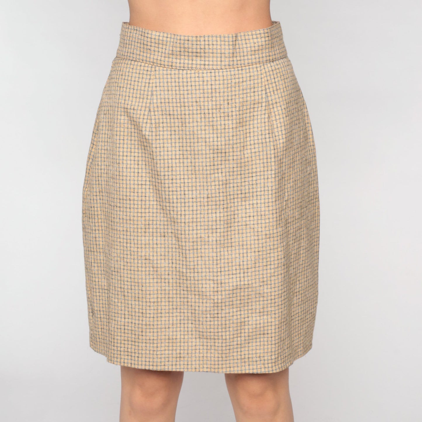 90s Checkered Mini Pencil Skirt Tan Grey High Waisted Small
