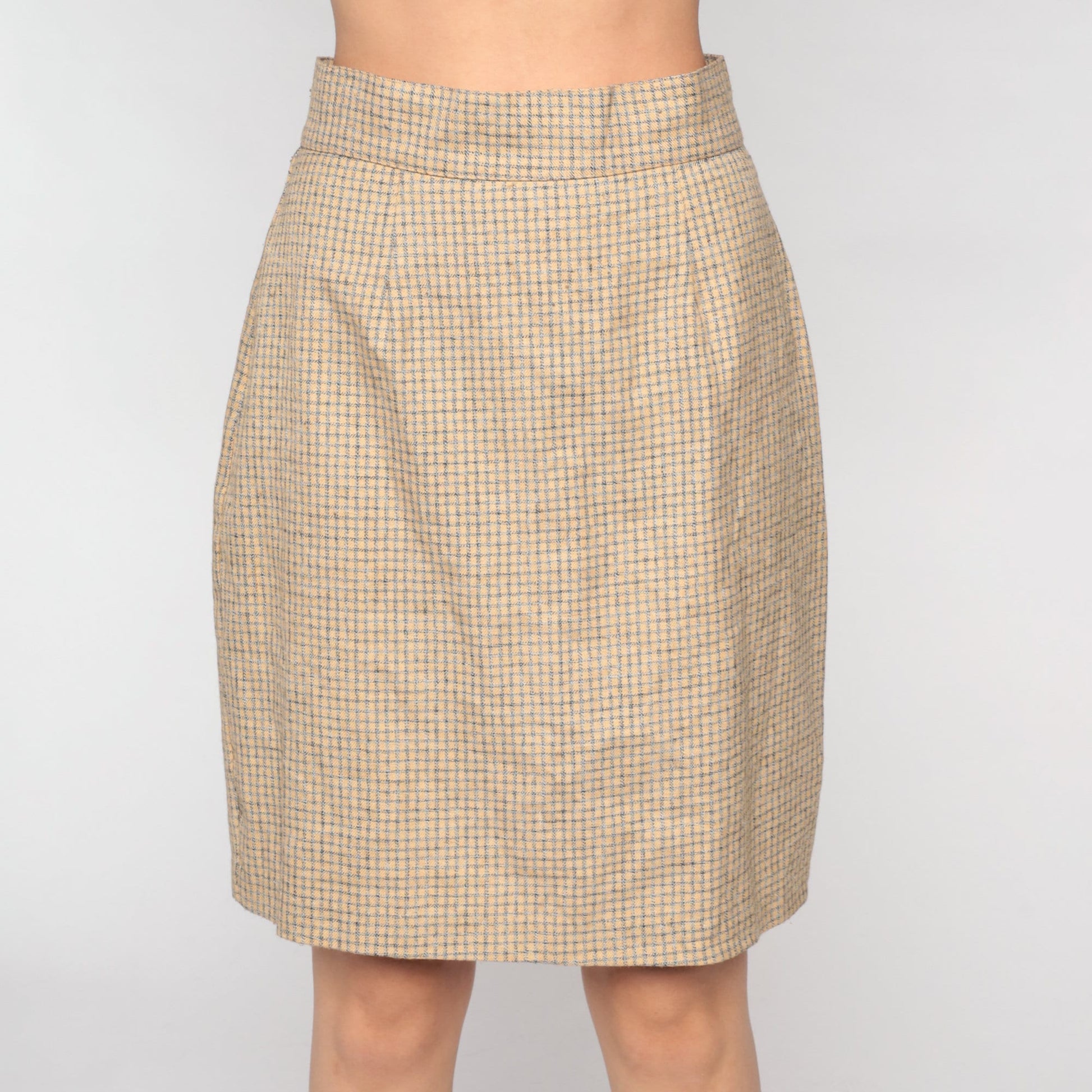 90s Checkered Mini Pencil Skirt Tan Grey High Waisted Small