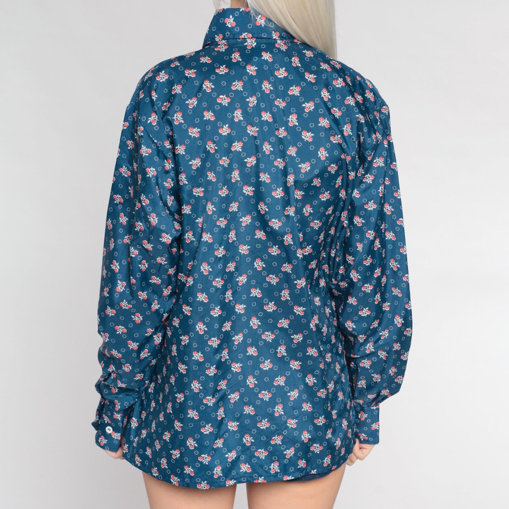 70s Skyr Floral Disco Shirt Blue Dagger Collar Button Up Medium