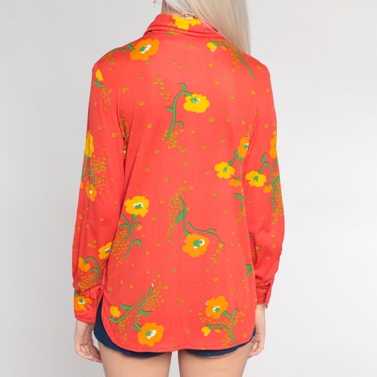 70s Red Poppy Floral Disco Shirt Dagger Collar Button Up Small