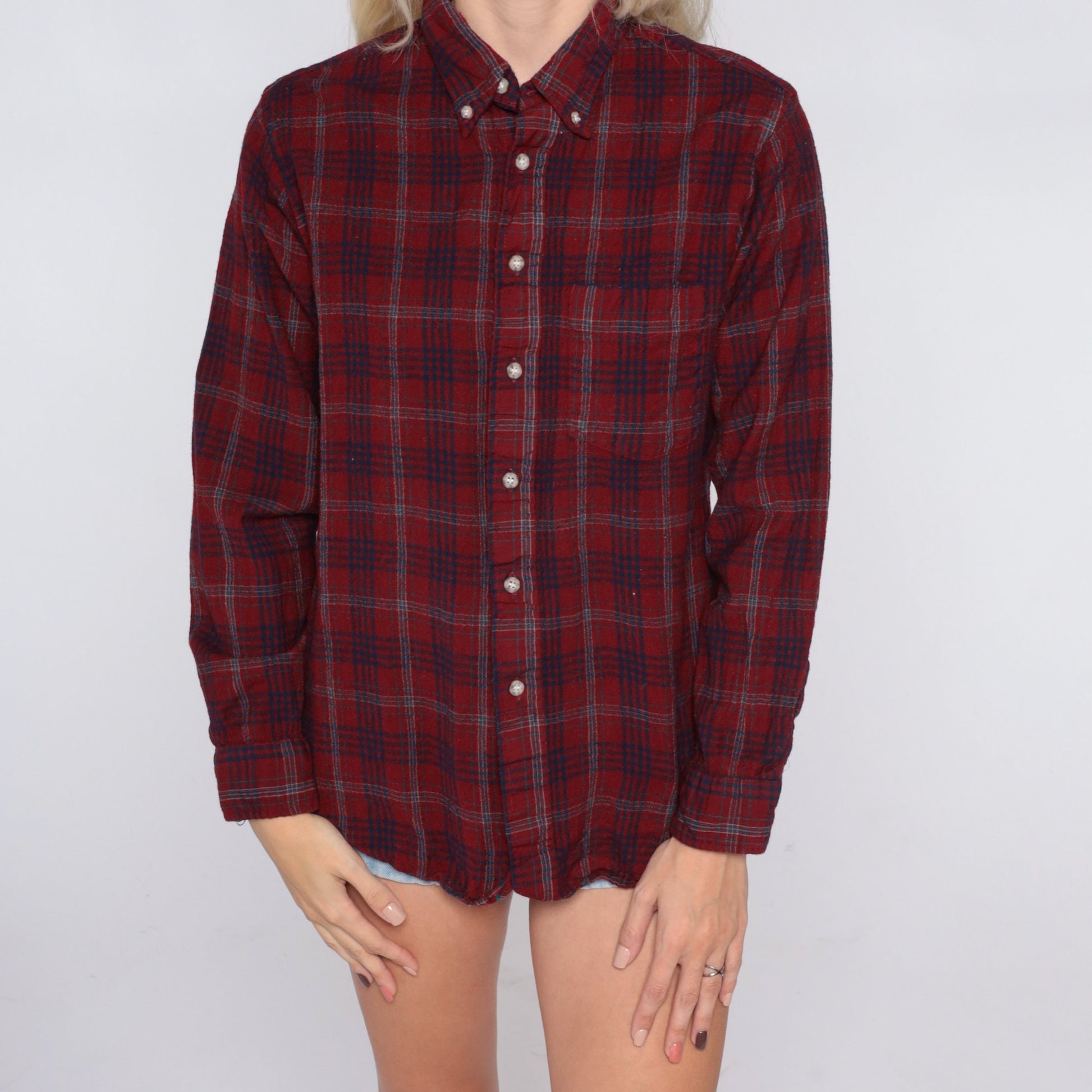 Y2K Red Plaid Flannel Button-Up Shirt Long Sleeve Small S