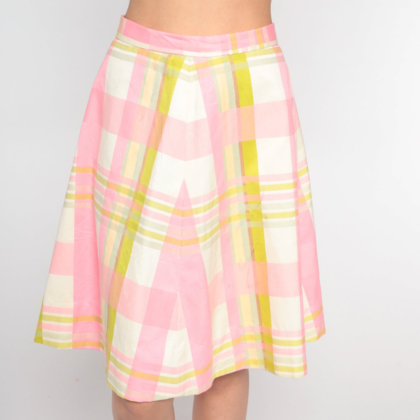 60s Pink White Checkered A-Line Skirt High Waisted Midi Small