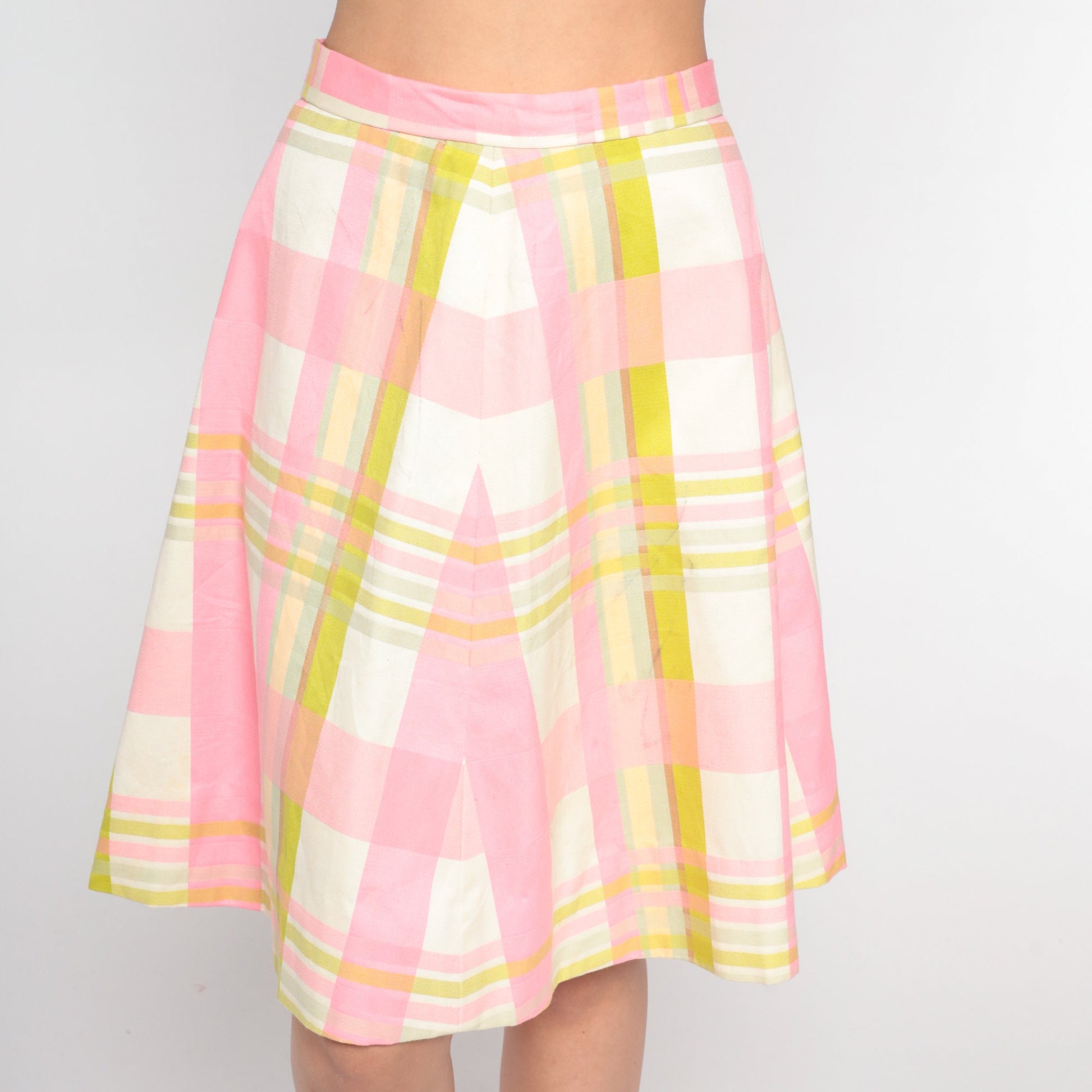 60s Pink White Checkered A-Line Skirt High Waisted Midi Small