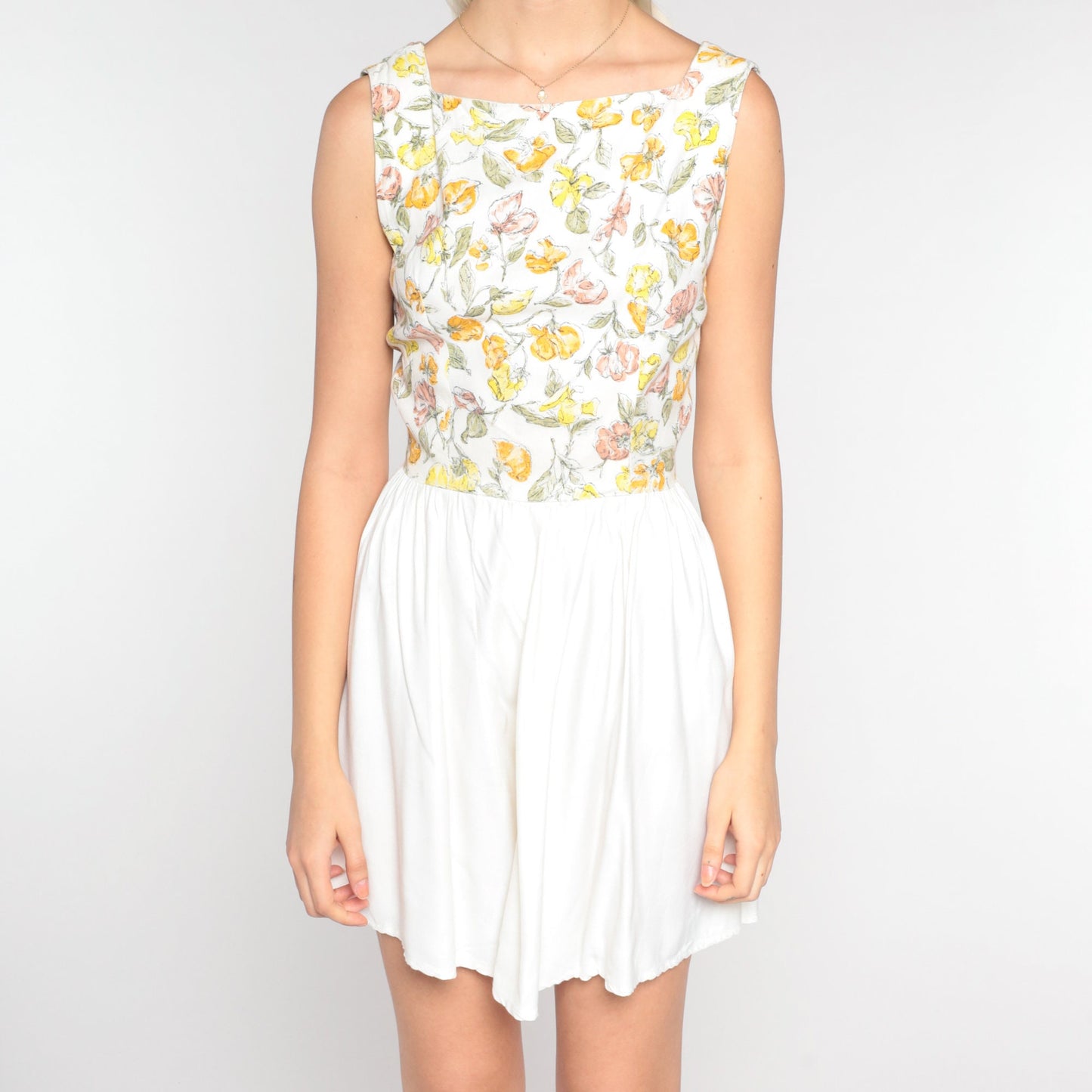60s Floral Mini Dress White Sleeveless High Waist Fit Flare Extra Small
