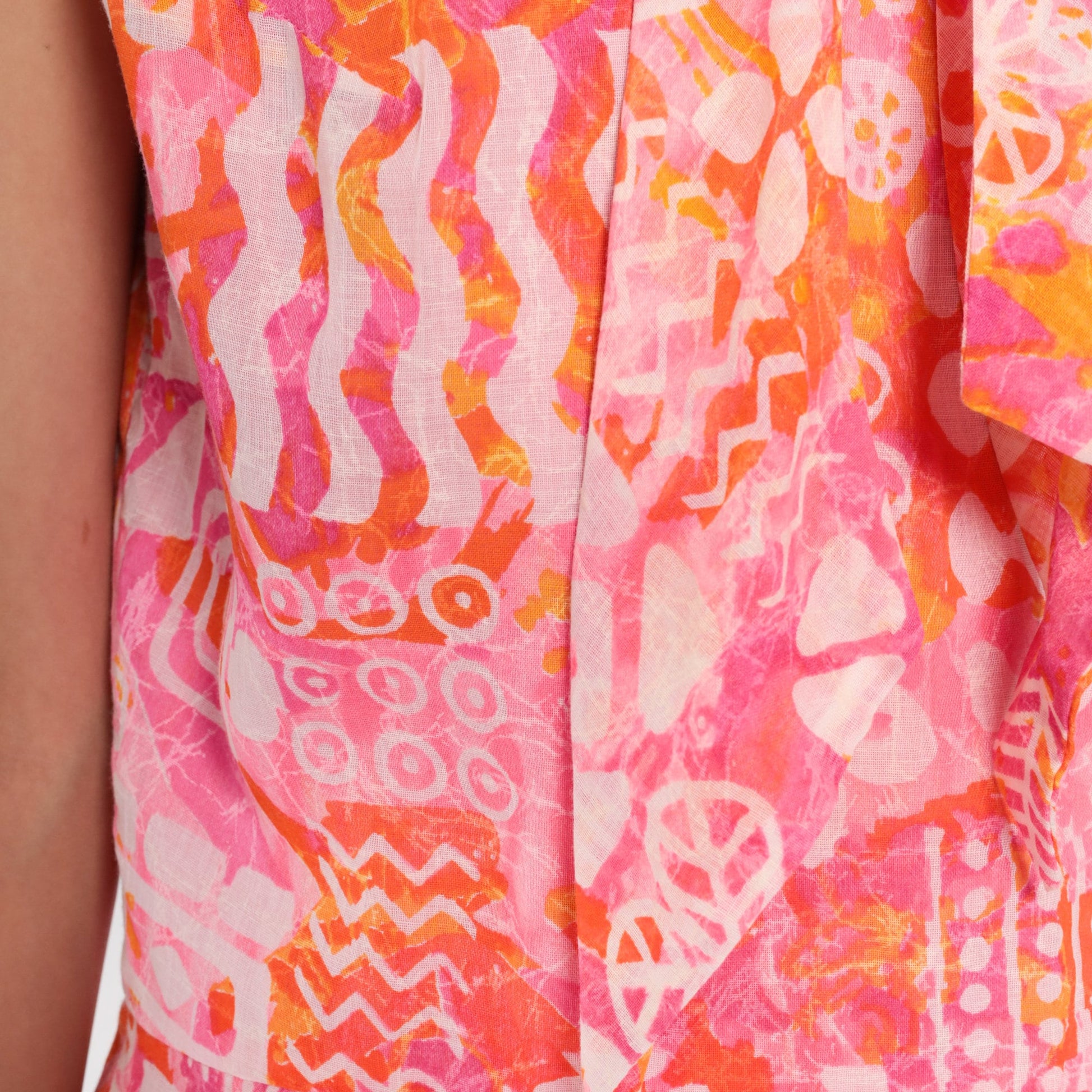 60s Tropical Floral Ascot Midi Dress Pink Orange Geometric Low Waist Medium
