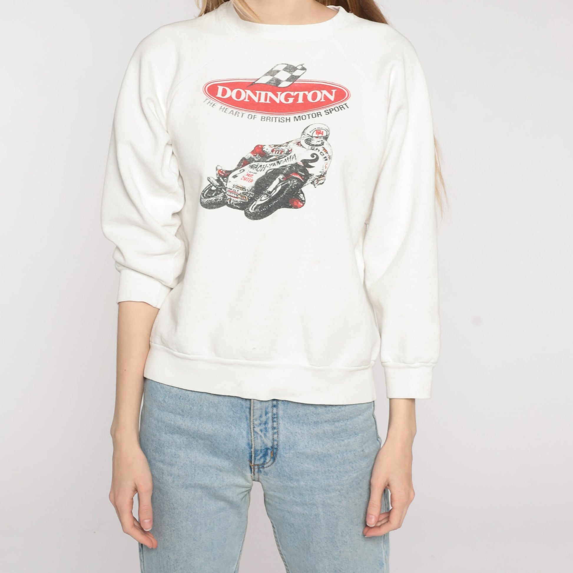 90s Donington Park Motorcycle Racing Sweatshirt White Graphic Crewneck Medium