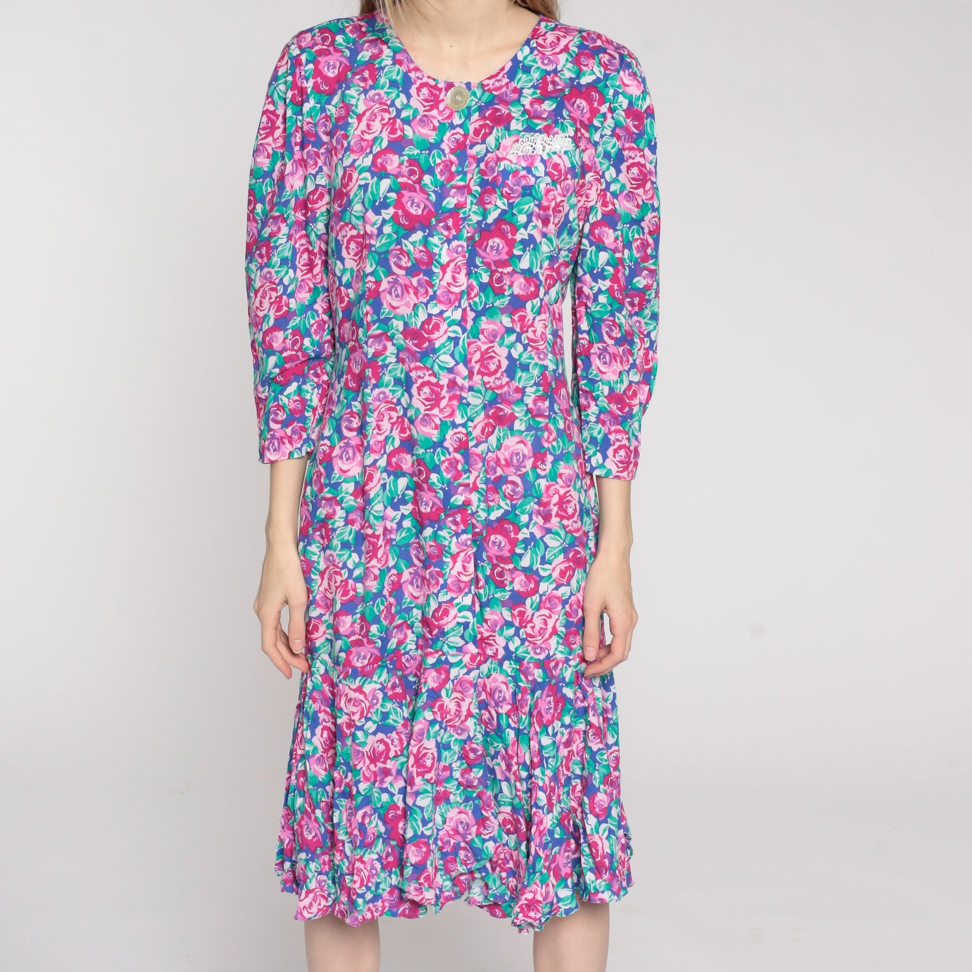 90s Floral Midi Dress Pink Rose Print Button-Up Long Sleeve Drop Waist Small