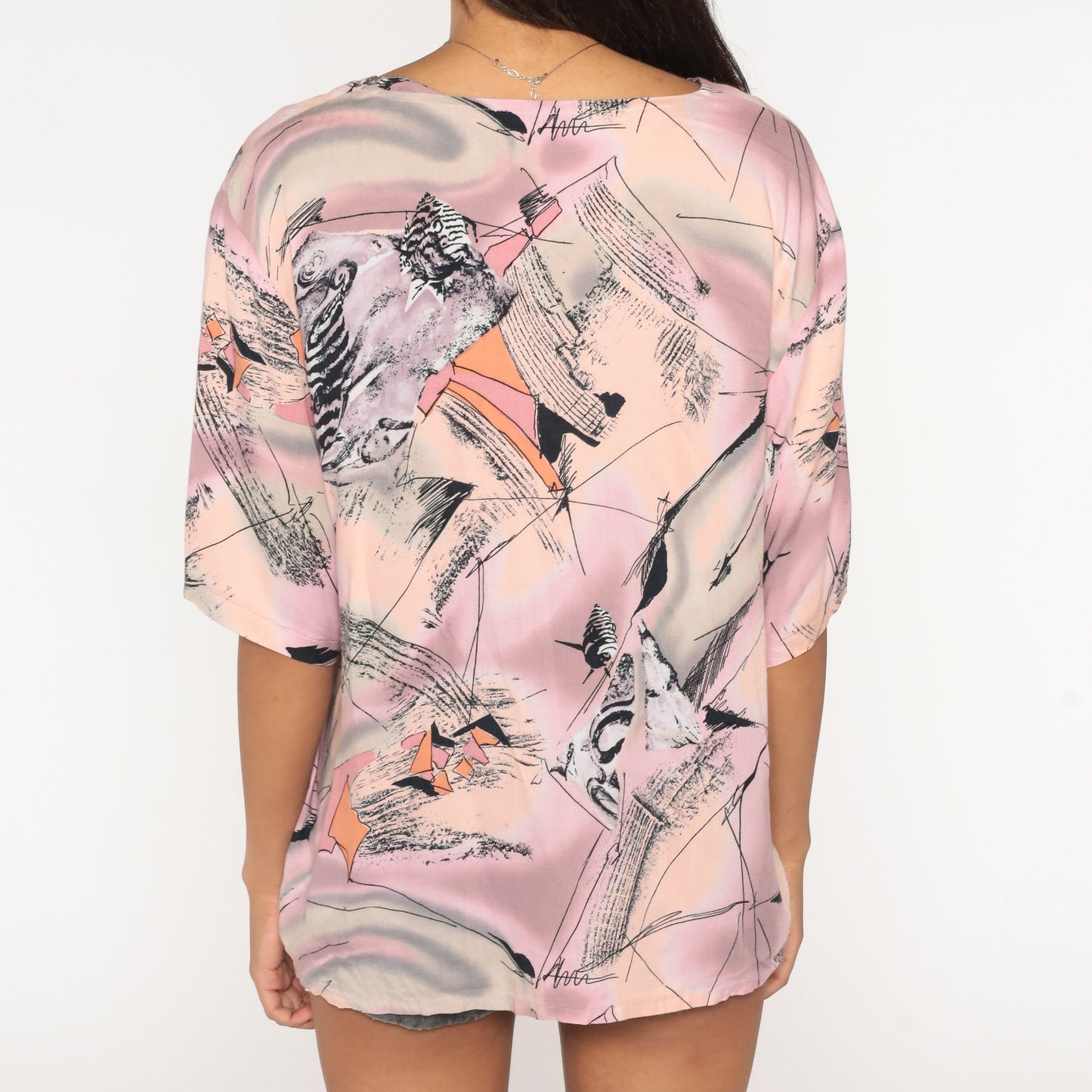 90s Tropical Fish Print Rayon Blouse Pink Purple Short Sleeve Large L