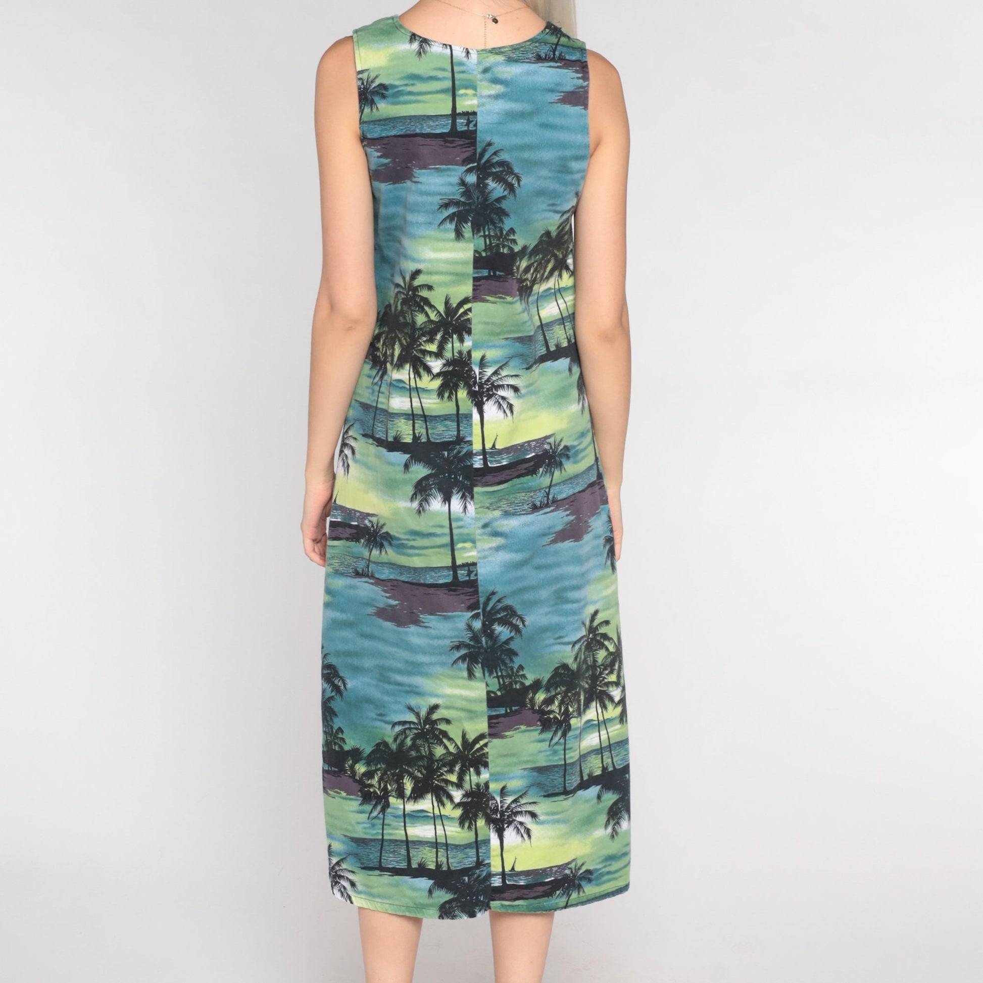 90s Tropical Palm Tree Midi Dress Blue Green Sleeveless Cotton Extra Small
