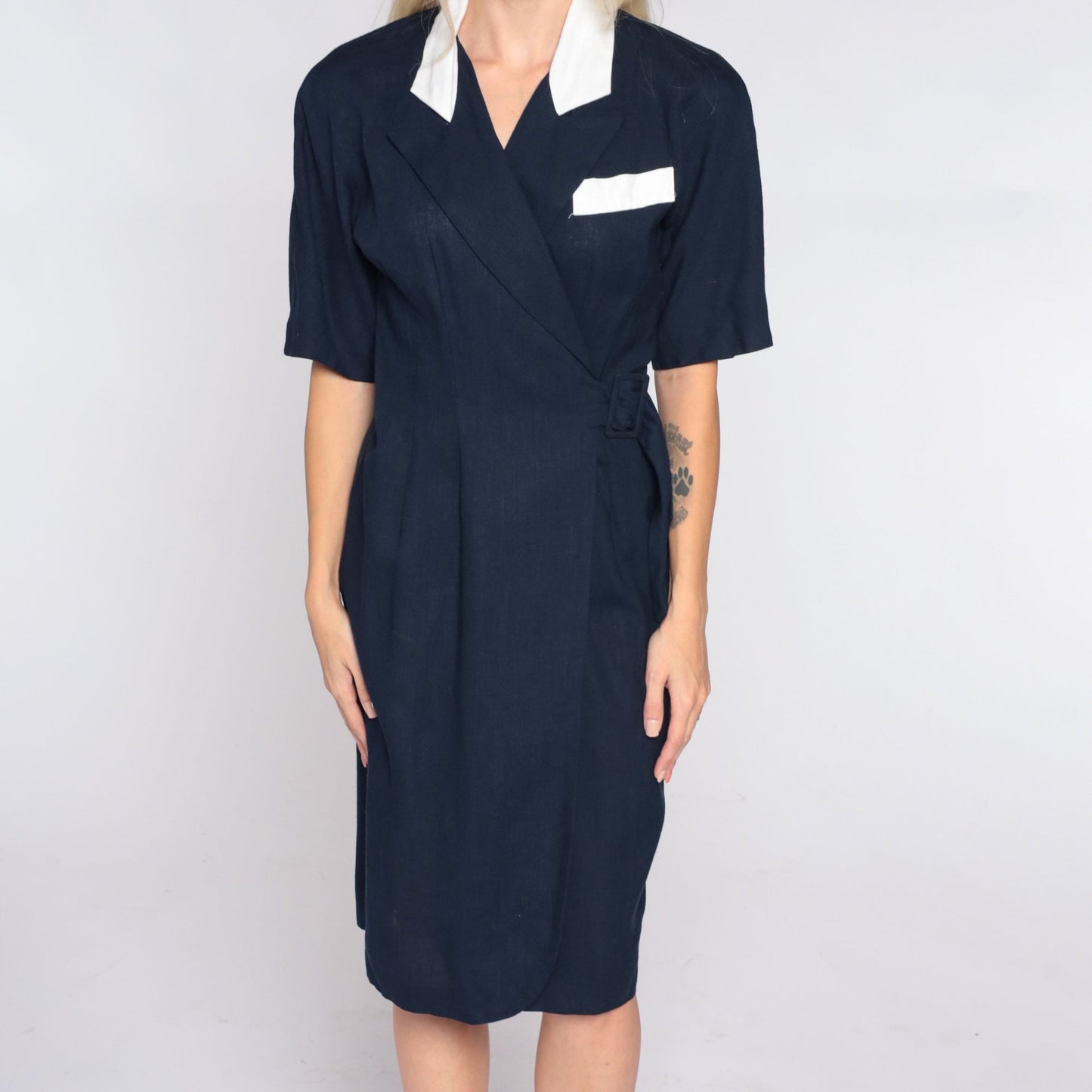 90s Navy Wrap Dress White Collar Mini Buckle Pencil Small