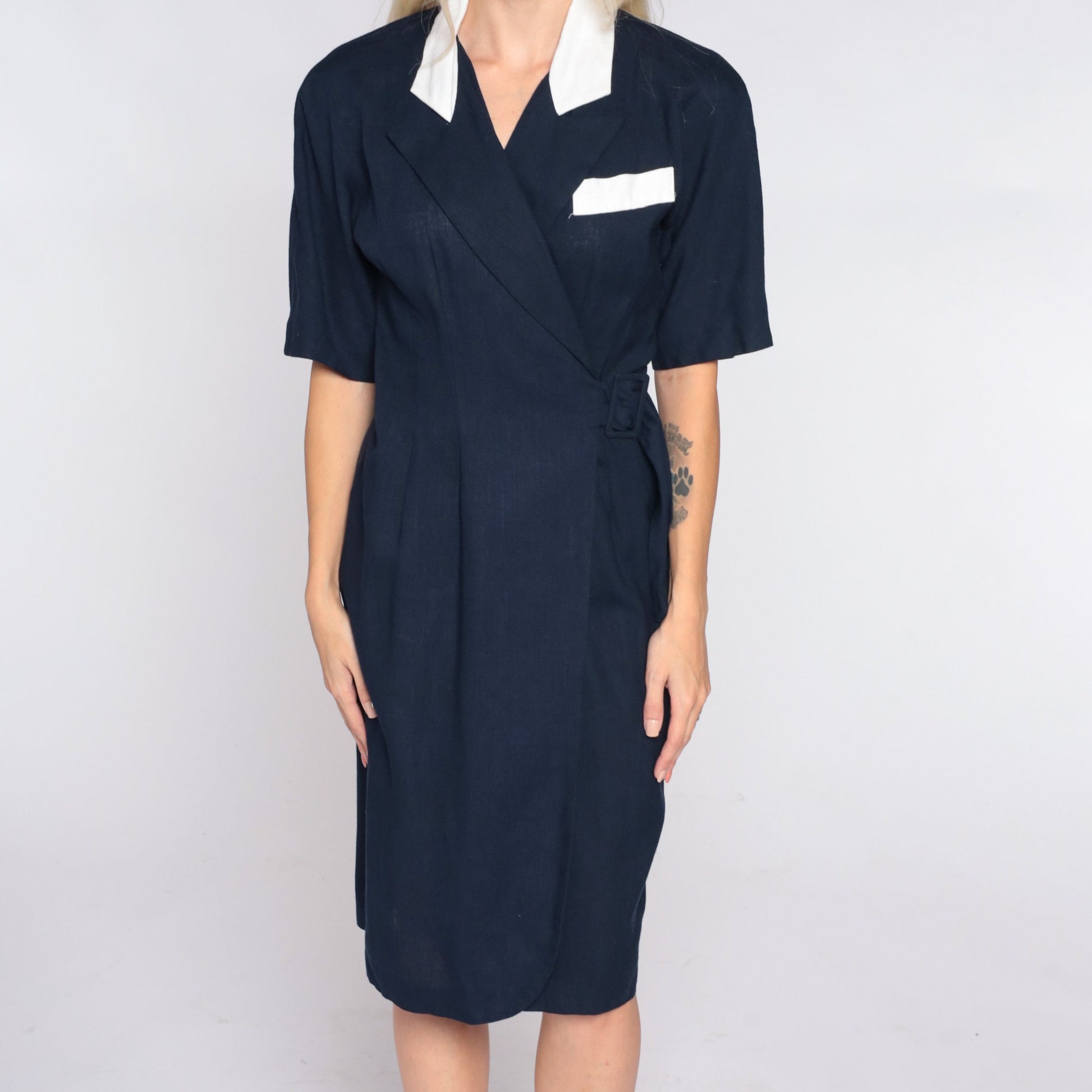 90s Navy Wrap Dress White Collar Mini Buckle Pencil Small