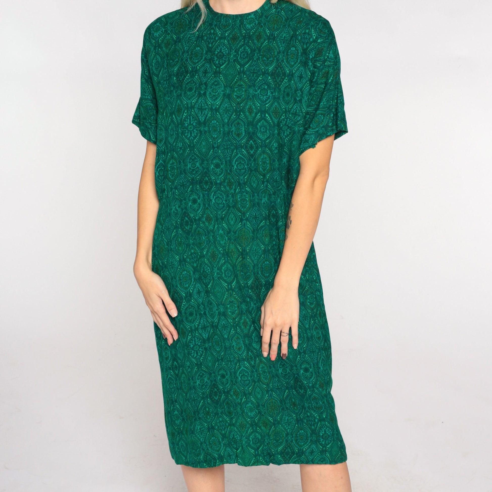 60s Green Tile Print Shift Dress Knee Length Short Sleeve Small
