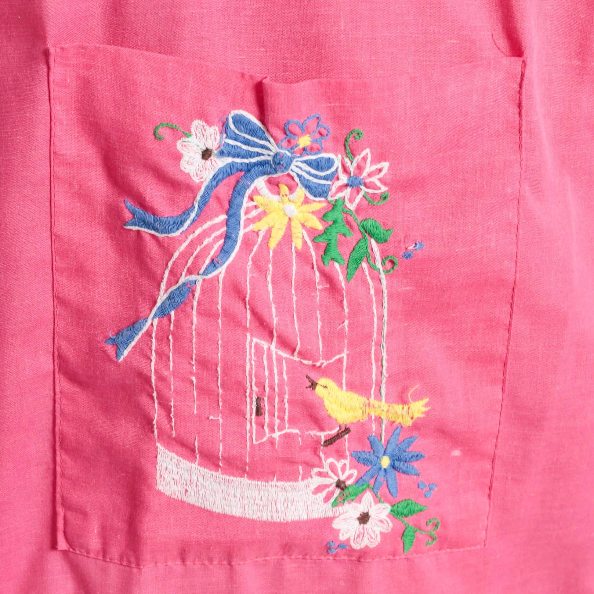 80s Pink Floral Bird Embroidered Nightgown Short Sleeve Snap Front Large