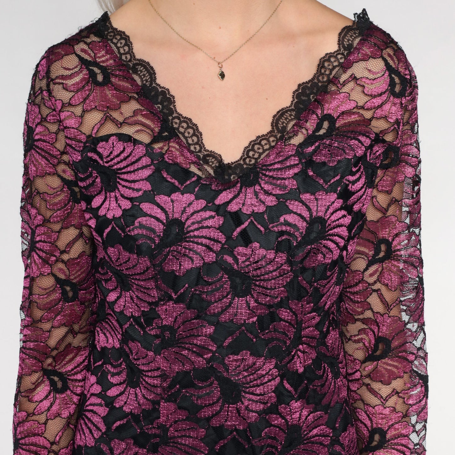 90s Black Metallic Fuchsia Floral Lace Mini Dress V Neck Low Back Medium