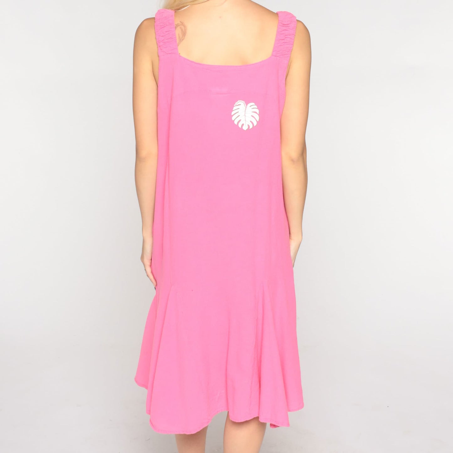 Y2K Pink Tropical Leaf Tank Dress Knee-Length Cotton Medium M