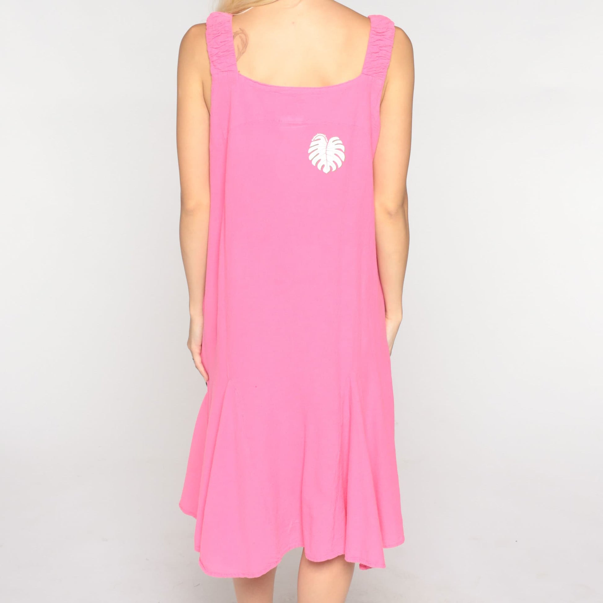 Y2K Pink Tropical Leaf Tank Dress Knee-Length Cotton Medium M