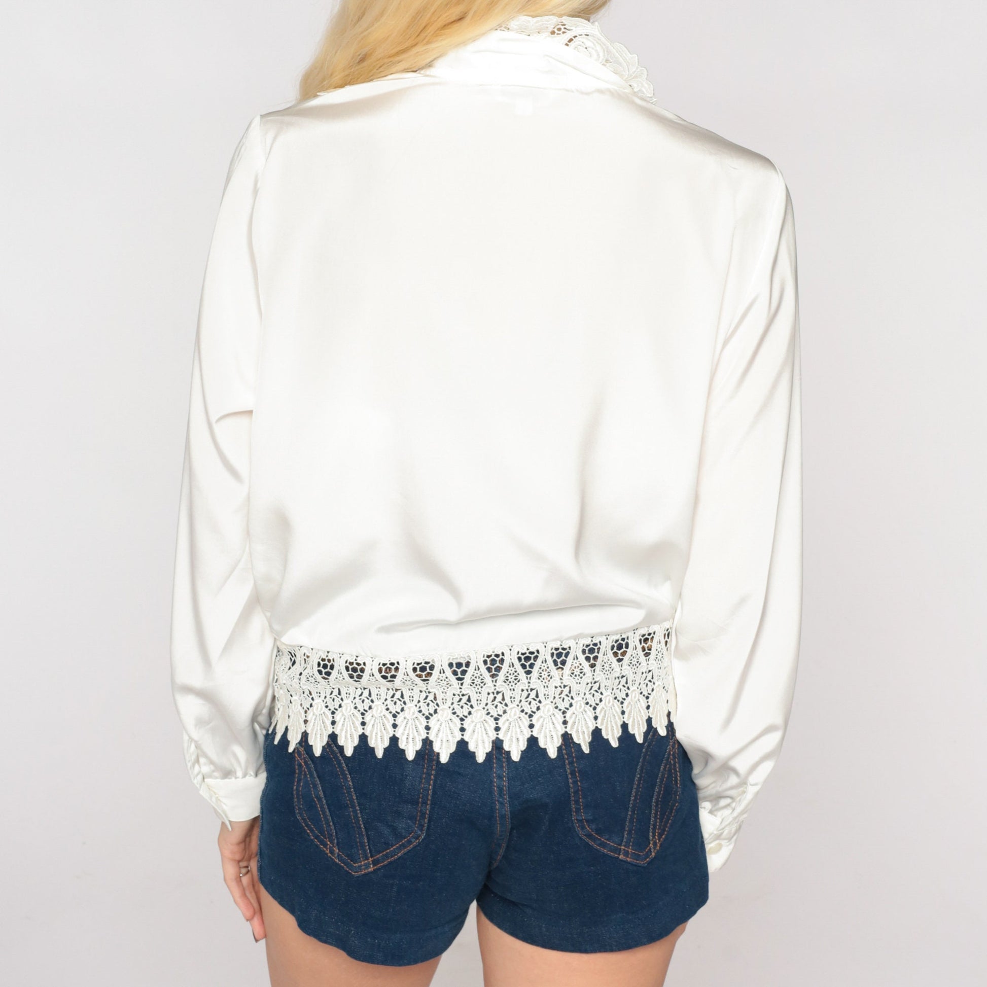 00s White Lace Floral Overlay Blouse Long Sleeve Button Up Medium M