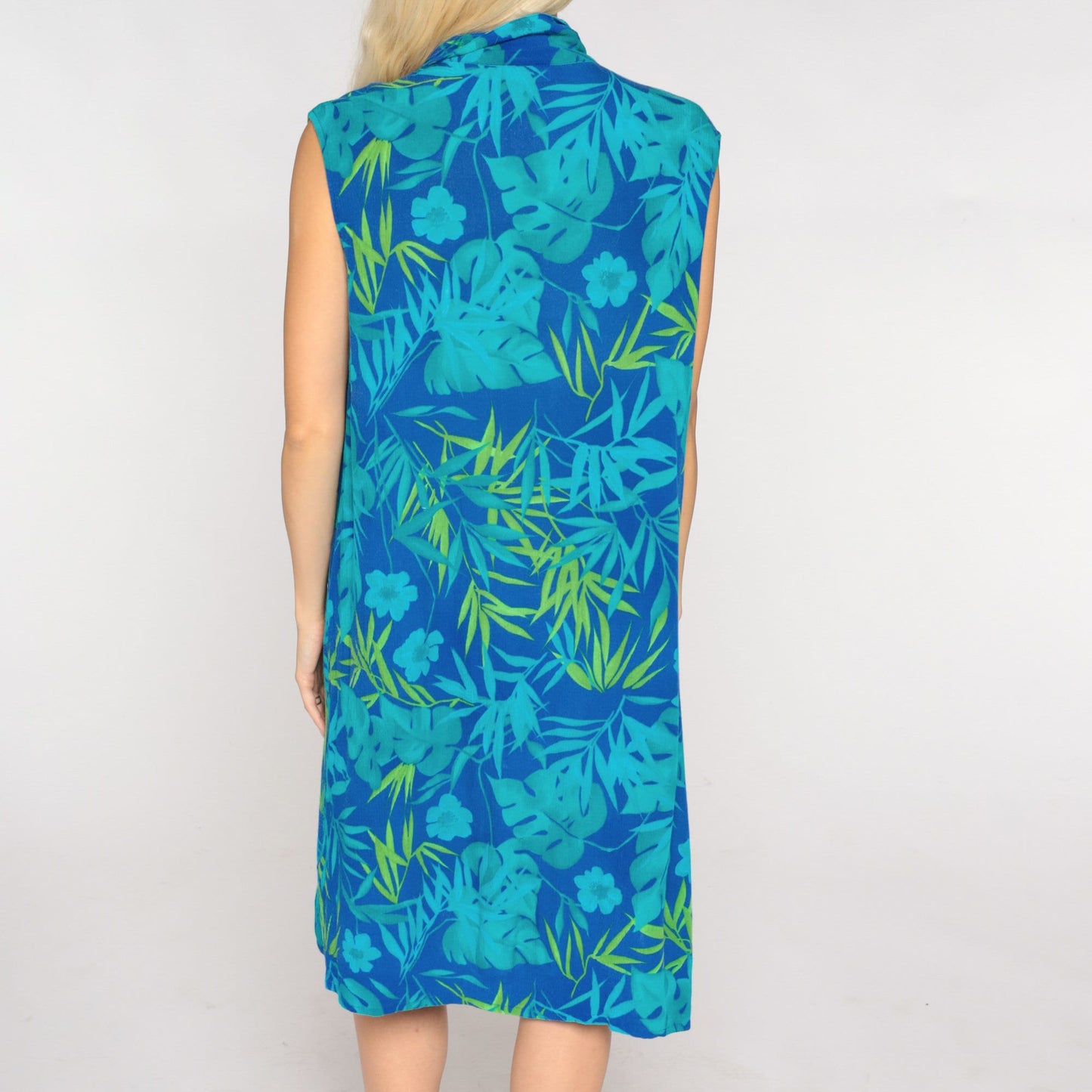 00s Blue Tropical Floral Mini Shirtdress Sleeveless Button Up Large 12