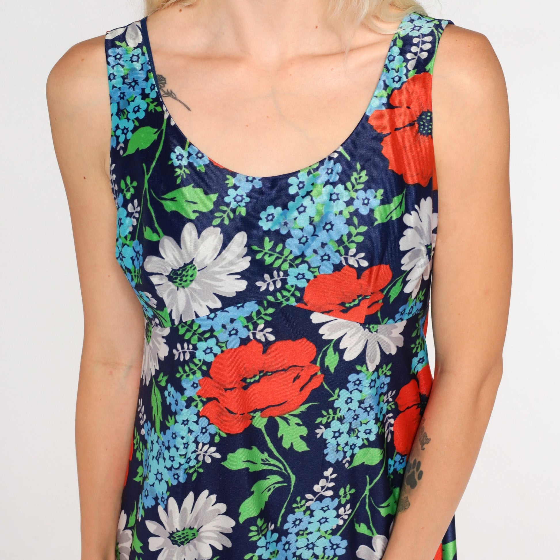 70s Navy Floral Babydoll Mini Dress Empire Waist Sleeveless Extra Small