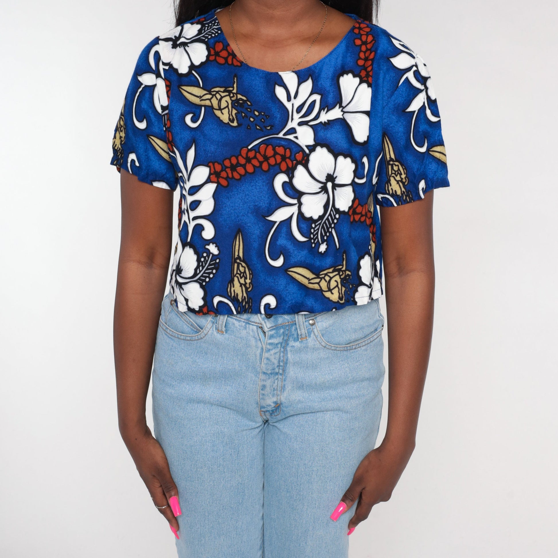 Y2K Hawaiian Crop Top Blue Tropical Floral Surfer Print Small S