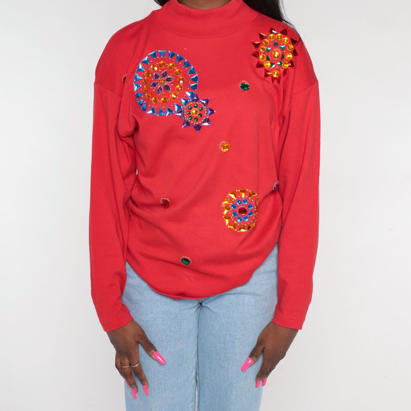90s Red Rhinestone Mandala Long Sleeve T-Shirt Crystal Bedazzled Top Small