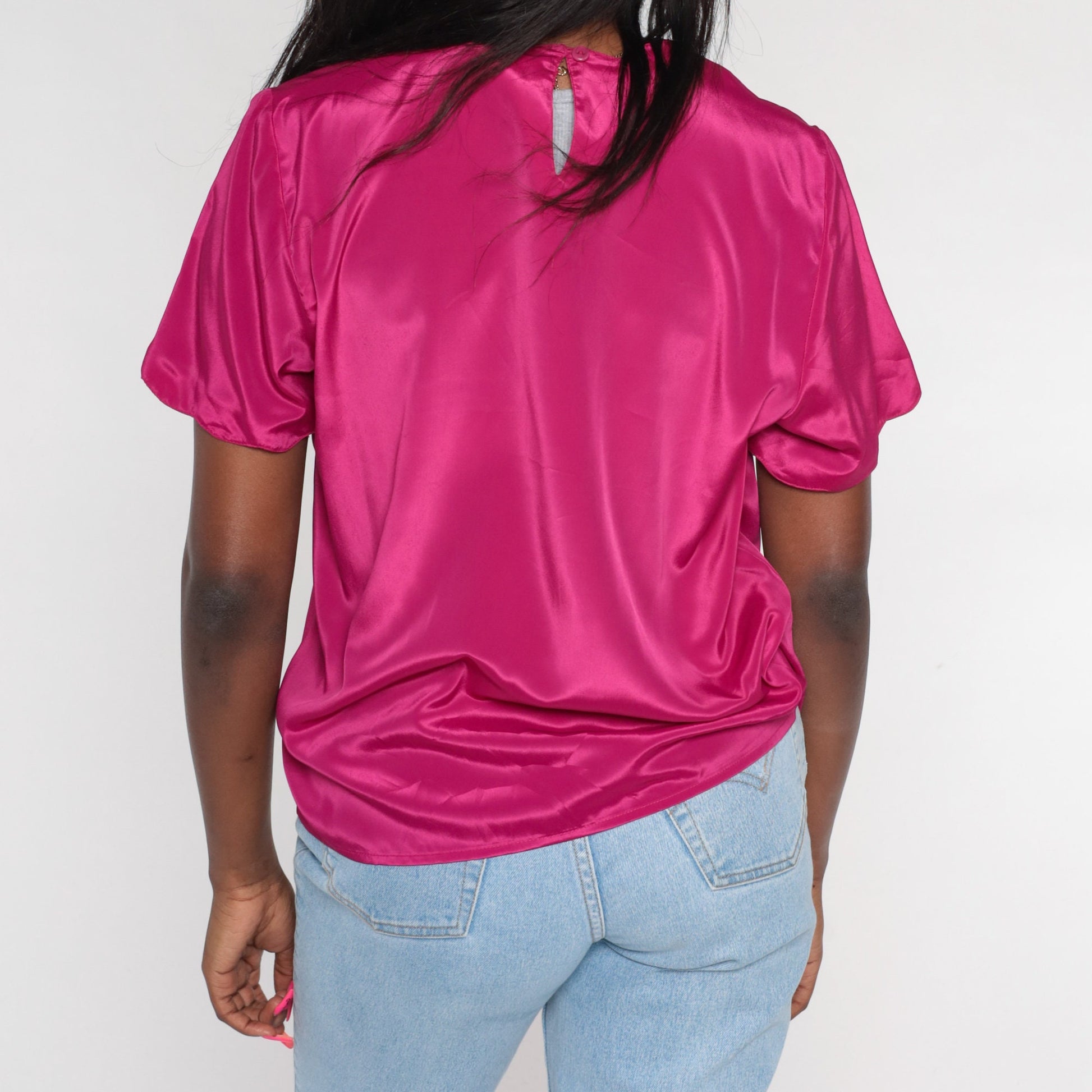 90s Fuchsia Pink Blouse Scalloped Neckline Short Sleeve Medium