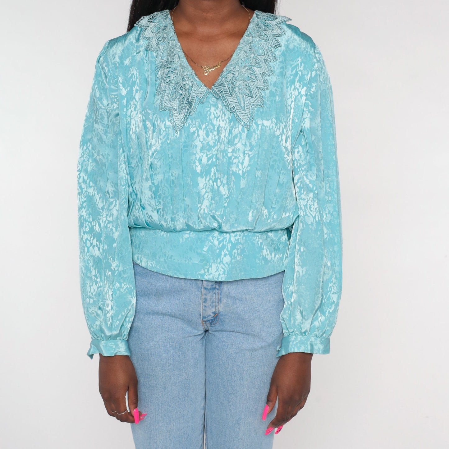 80s Blue Embossed Blouse Crochet Collar V-Neck Pleated Long Sleeve Medium