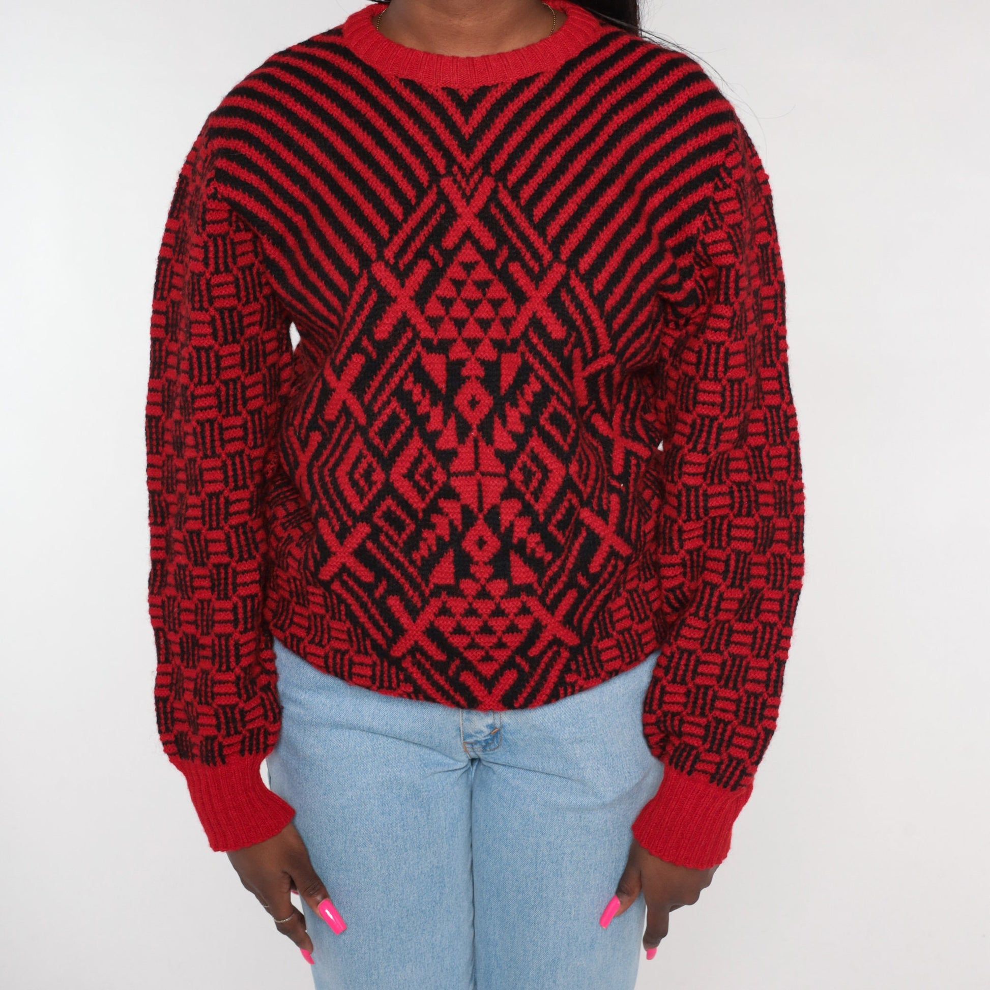 80s Saks Fifth Avenue Wool Sweater Red Geometric Black Op Art Medium M