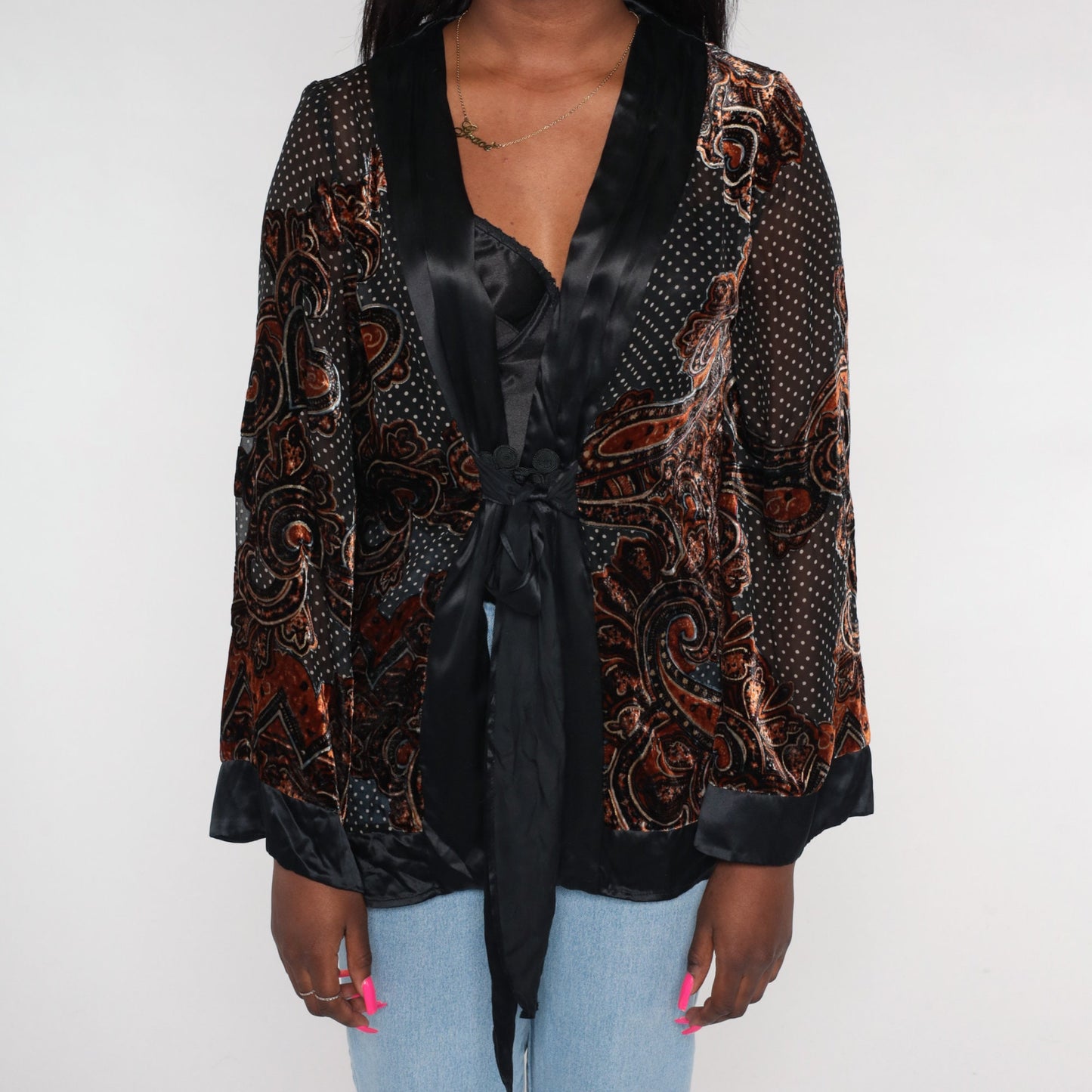 Y2K Velvet Paisley Jacket Black White Polka Dot Deep V Frog Closure Medium M