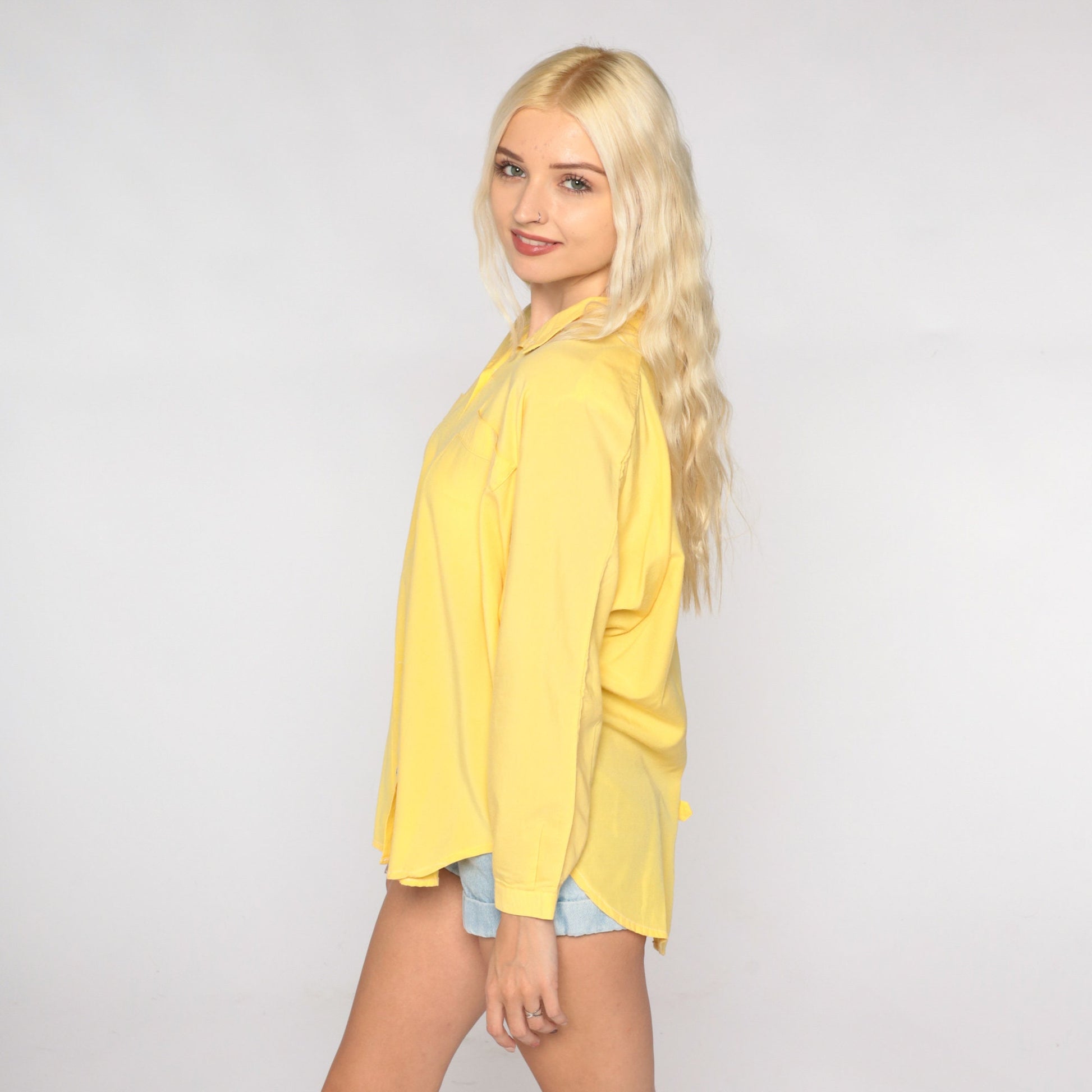 90s Yellow Button-Up Blouse Long Sleeve Collared Shirt Large L