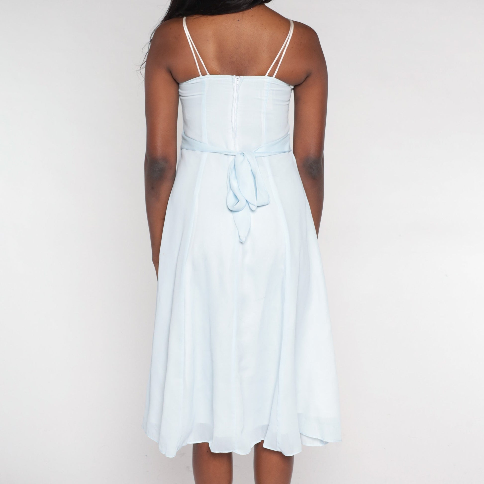 90s Pale Blue Midi Dress Pearl Beaded Rosette Neckline Sleeveless Extra Small