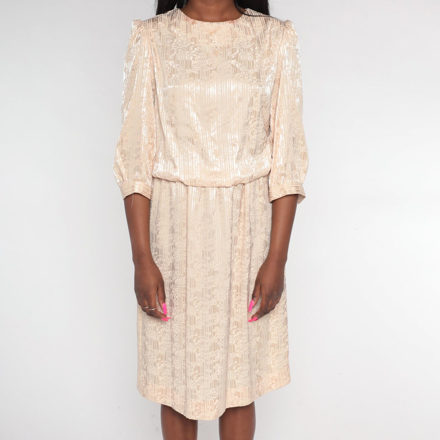 80s Champagne Embossed Floral Midi Dress Puff Sleeve Blouson Medium M